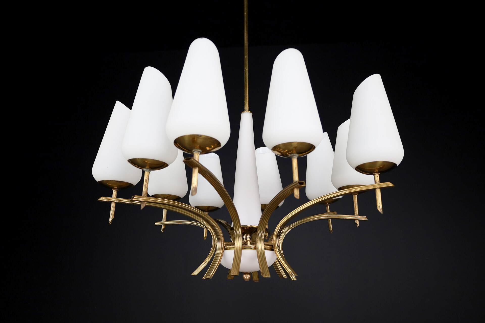 Mid century modern Brass and opaline glass chandelier, France 1950s Mid-20th century