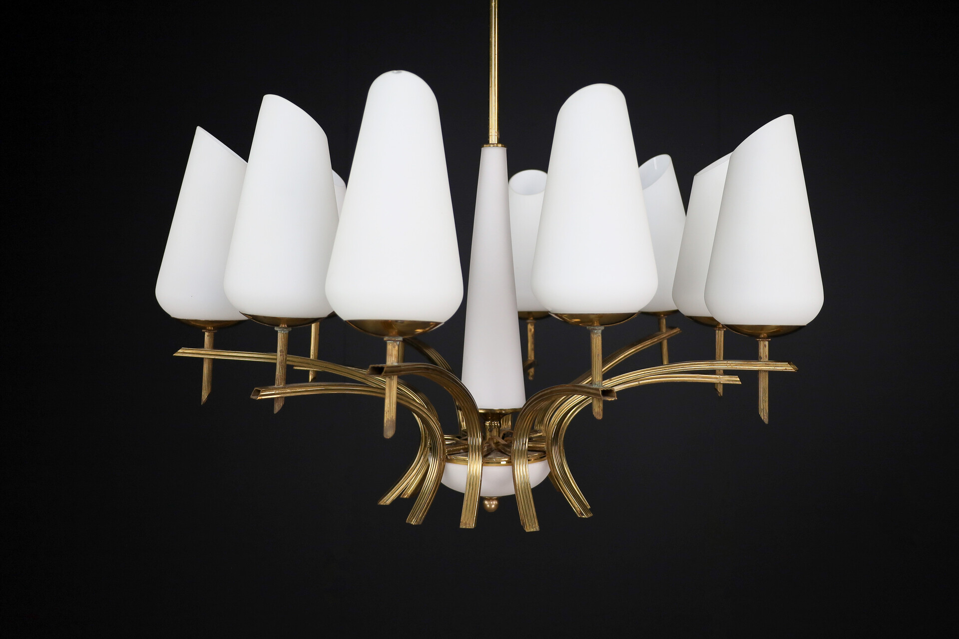 Mid century modern Brass and opaline glass chandelier, France 1950s Mid-20th century