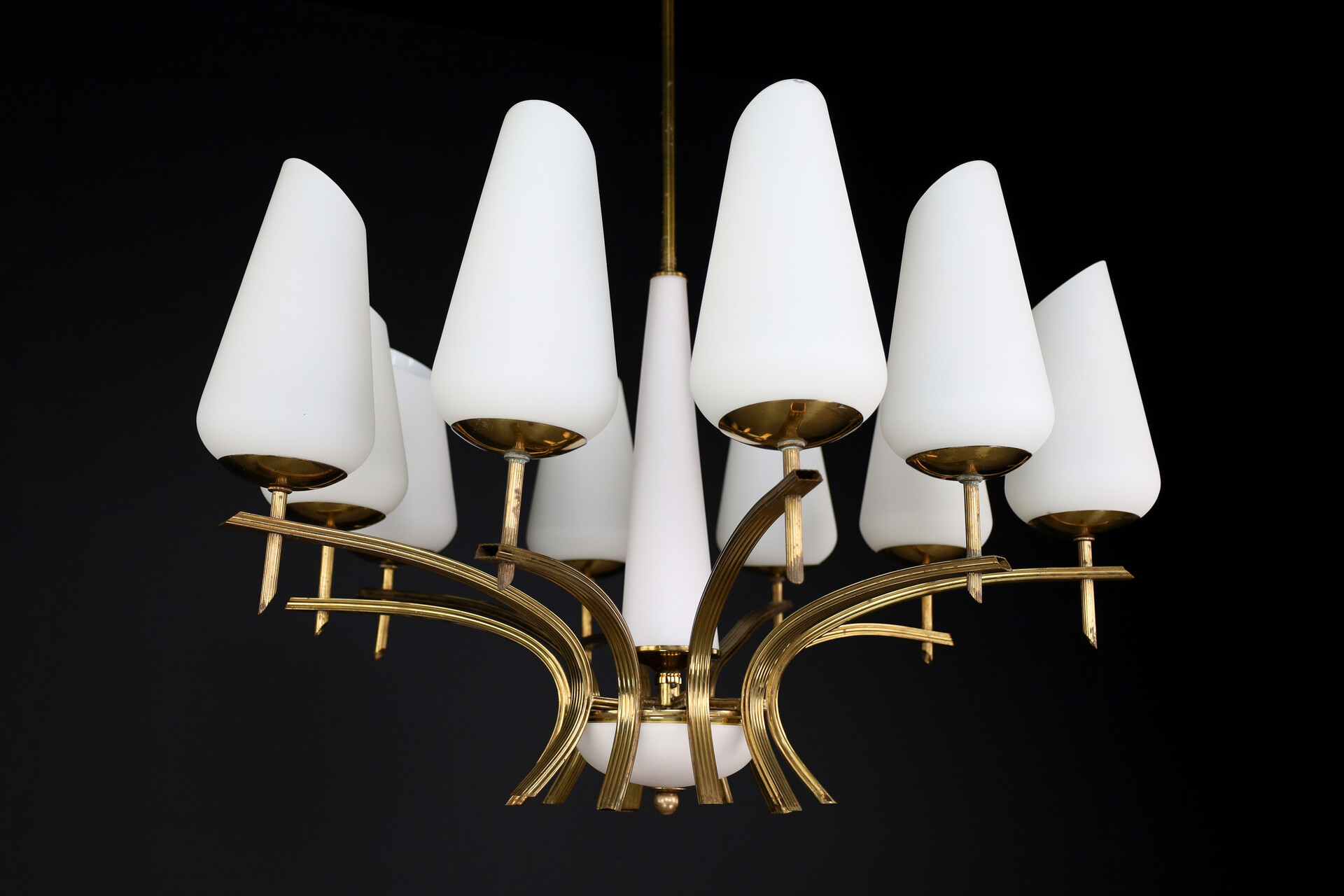 Mid century modern Brass and opaline glass chandelier, France 1950s Mid-20th century