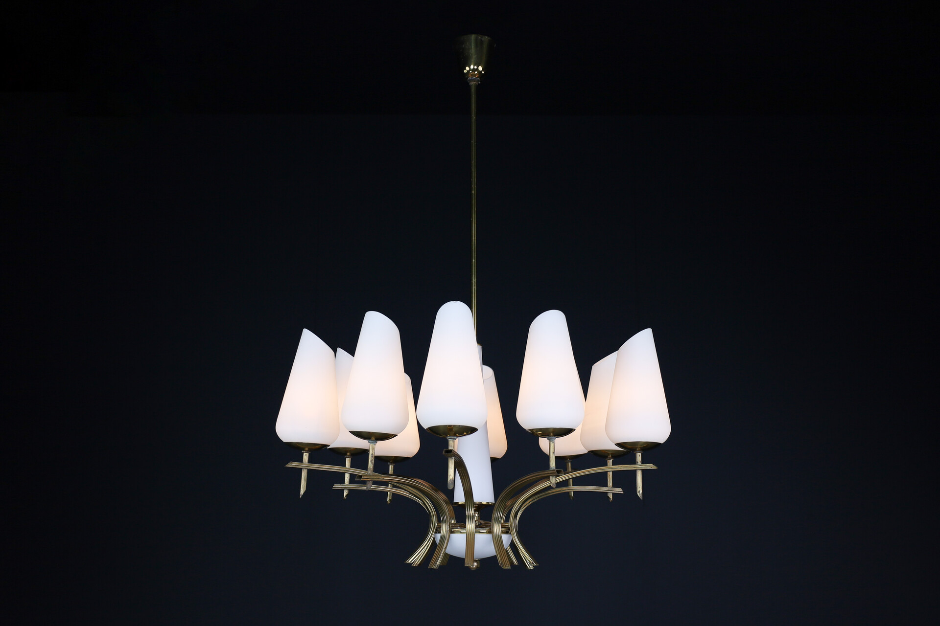 Mid century modern Brass and opaline glass chandelier, France 1950s Mid-20th century