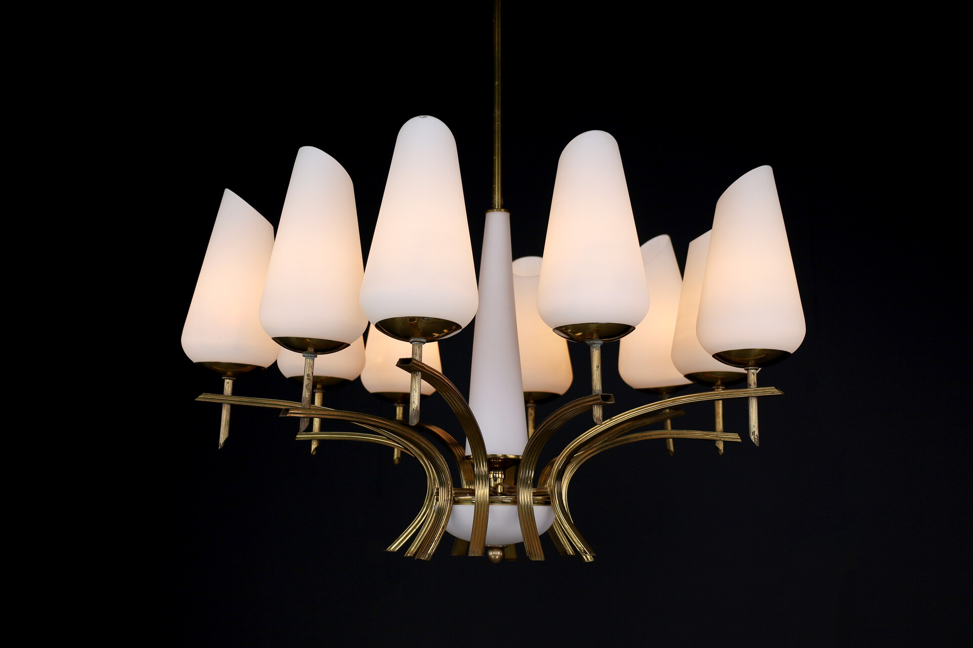 Mid century modern Brass and opaline glass chandelier, France 1950s Mid-20th century