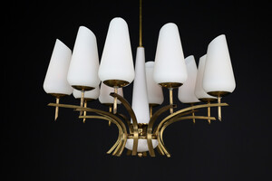 Mid century modern Brass and opaline glass chandelier, France 1950s Mid-20th century