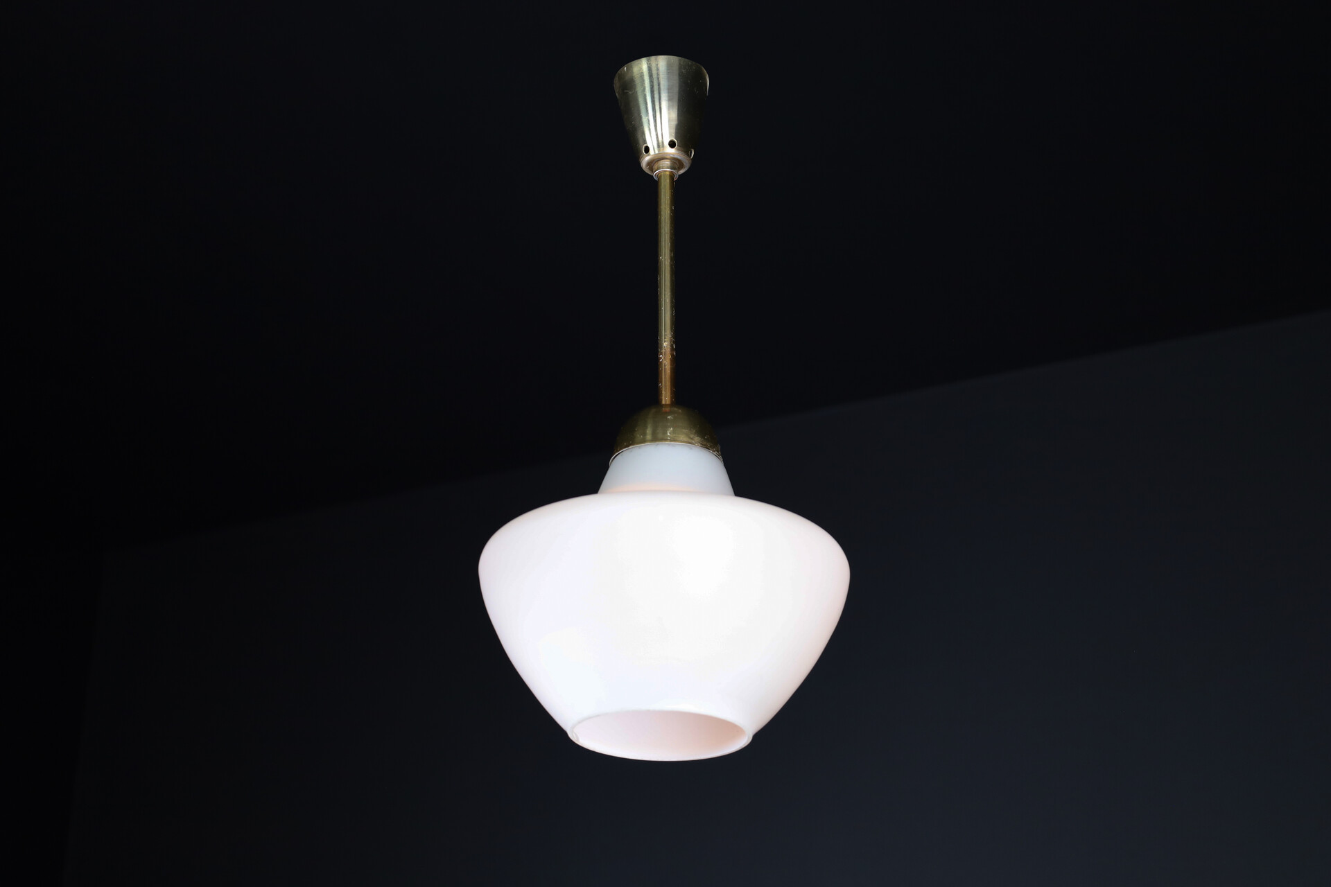 Mid century modern Brass and opaline glass Pendant cz 1950s Mid-20th century