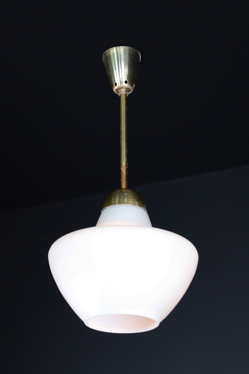 Mid century modern Brass and opaline glass Pendant cz 1950s Mid-20th century