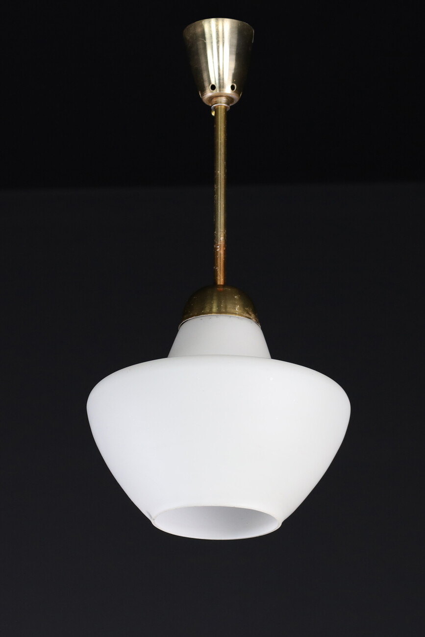 Mid century modern Brass and opaline glass Pendant cz 1950s Mid-20th century