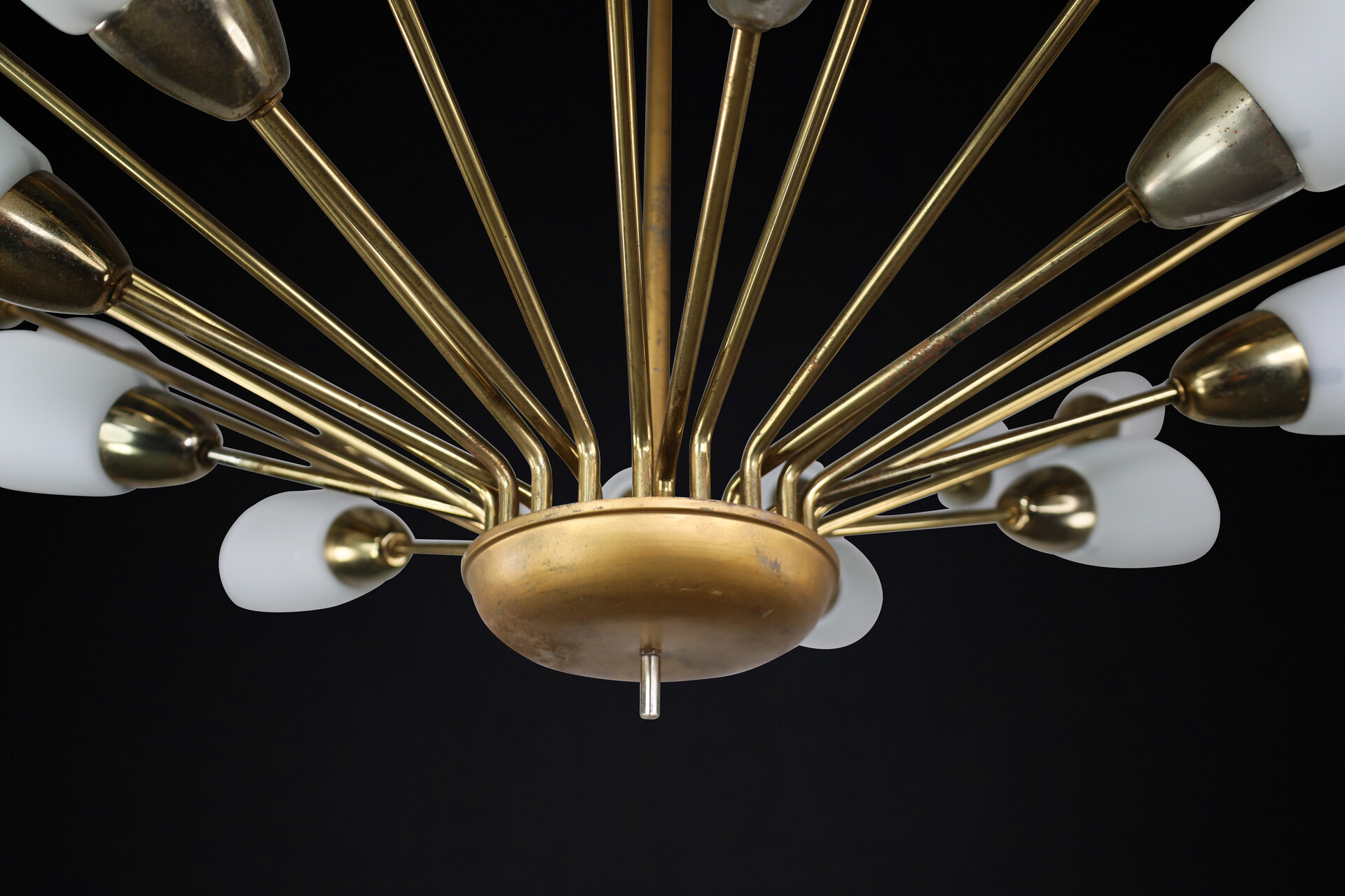 Mid century modern Brass and opaline glass spider chandelier, Germany 1950s Mid-20th century