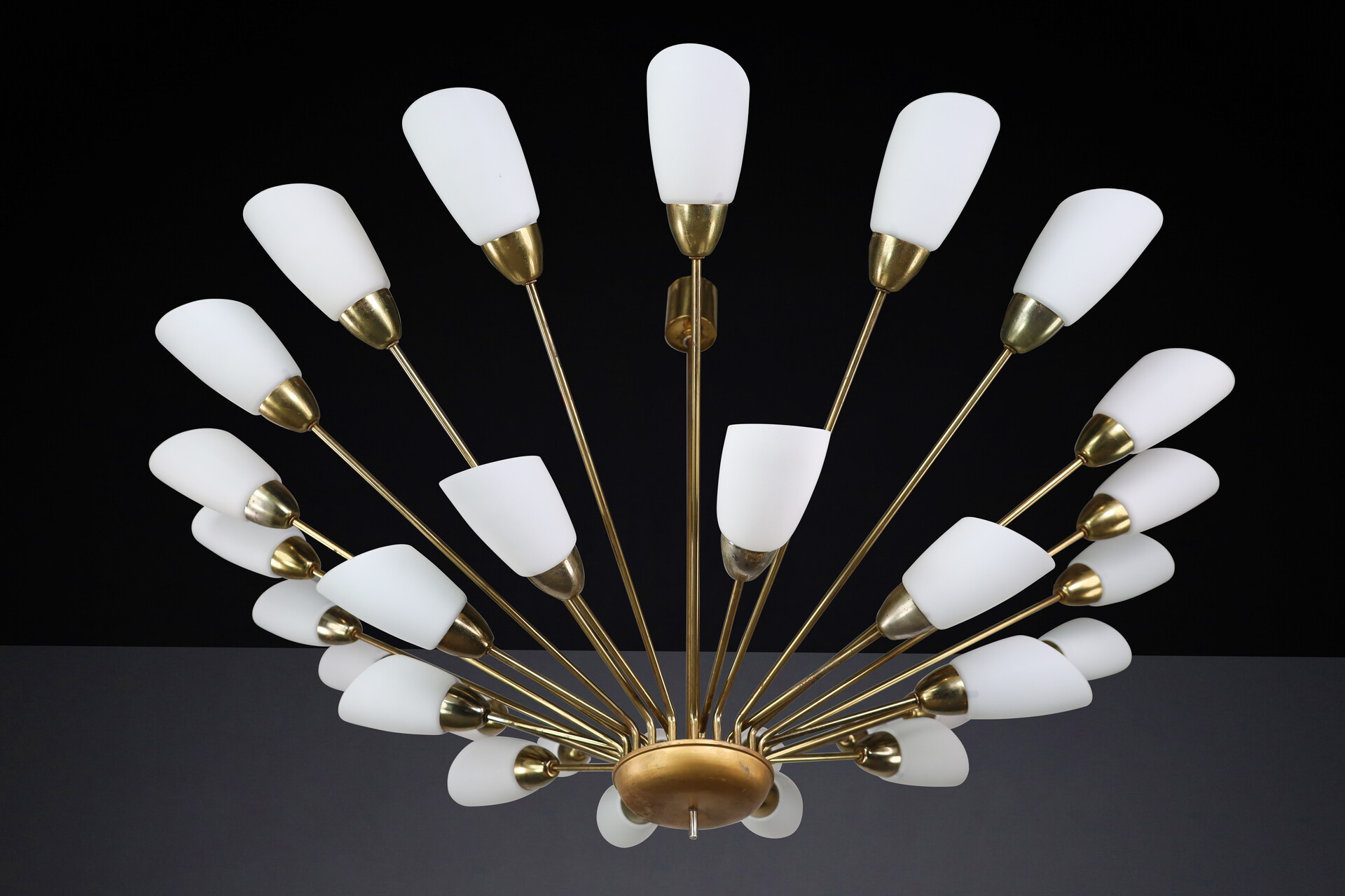 Mid century modern Brass and opaline glass spider chandelier, Germany 1950s Mid-20th century