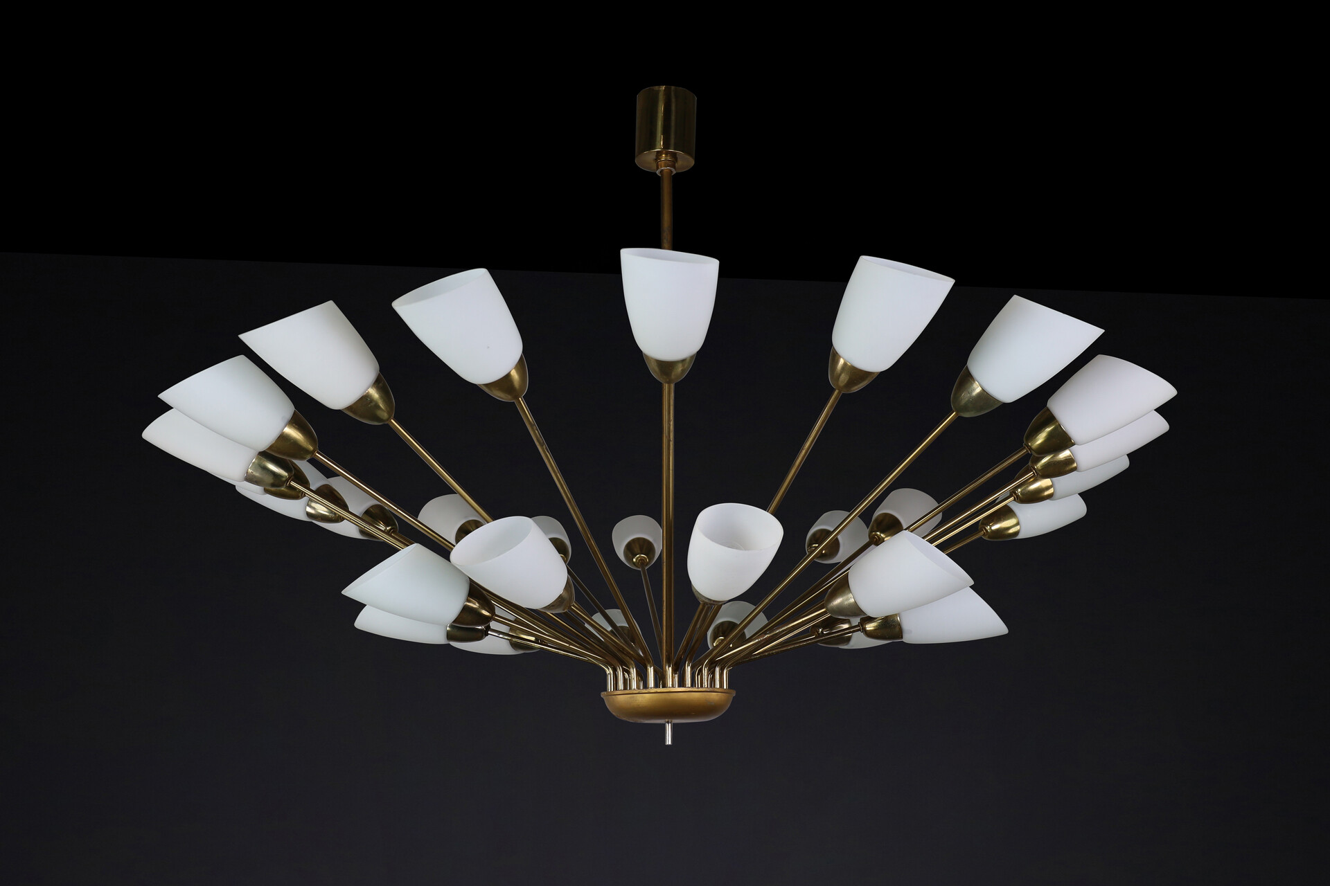 Mid century modern Brass and opaline glass spider chandelier, Germany 1950s Mid-20th century