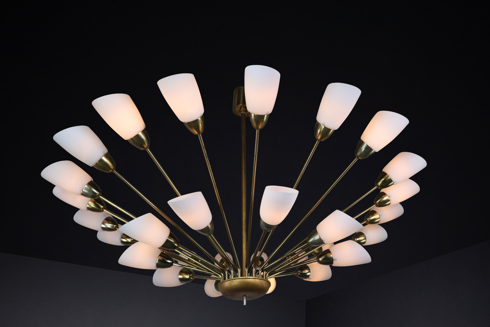 Mid century modern Brass and opaline glass spider chandelier, Germany 1950s Mid-20th century