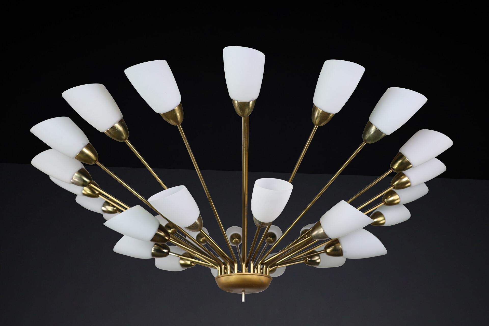 Mid century modern Brass and opaline glass spider chandelier, Germany 1950s Mid-20th century