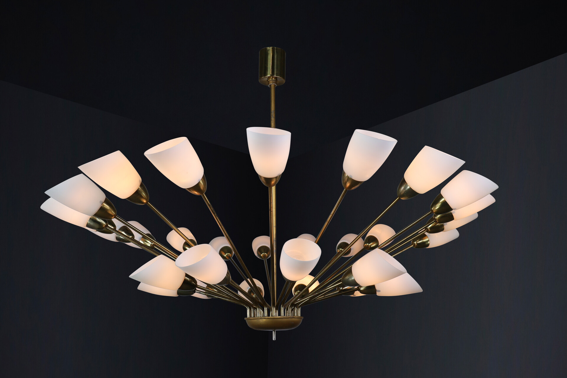 Mid century modern Brass and opaline glass spider chandelier, Germany 1950s Mid-20th century