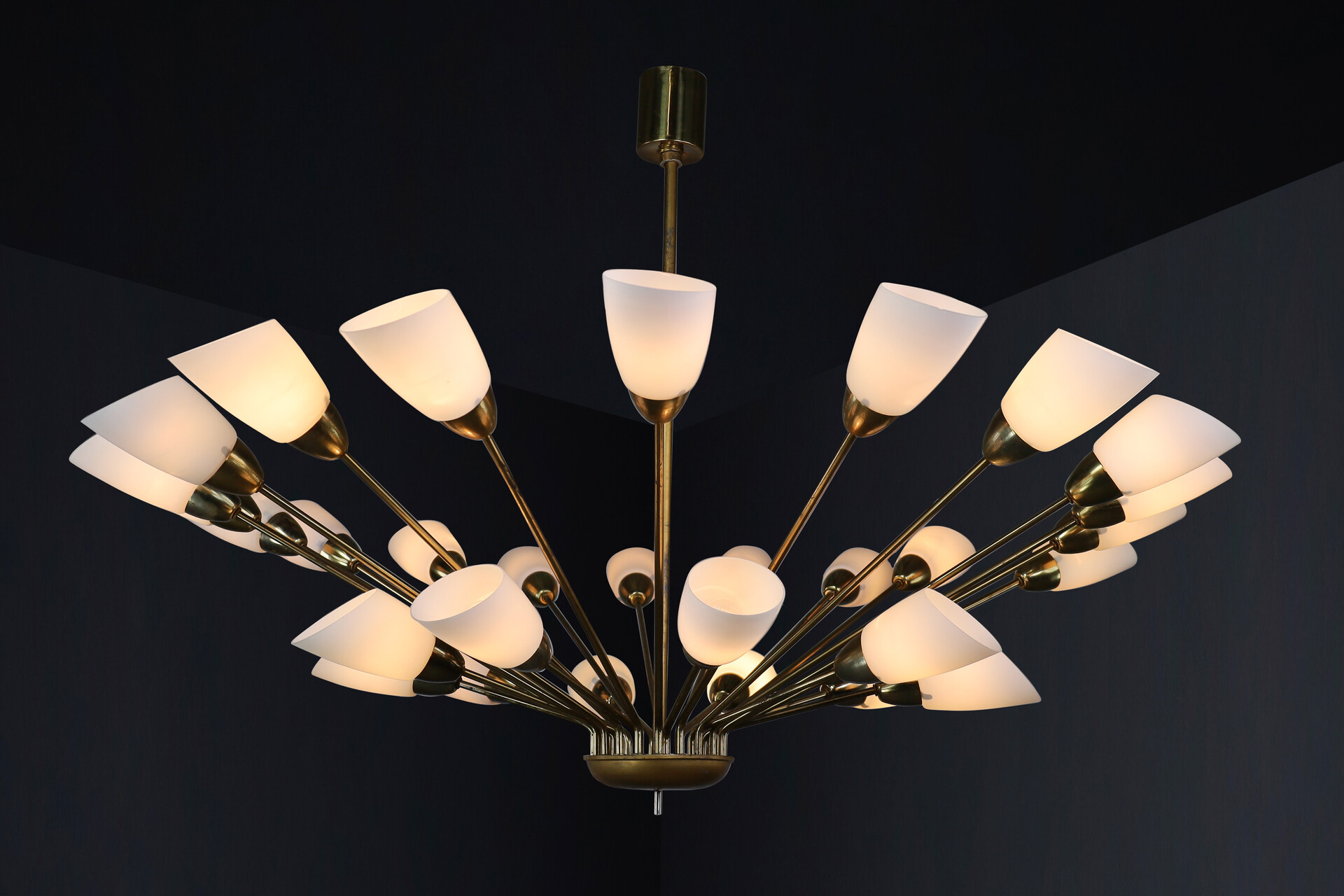 Mid century modern Brass and opaline glass spider chandelier, Germany 1950s Mid-20th century
