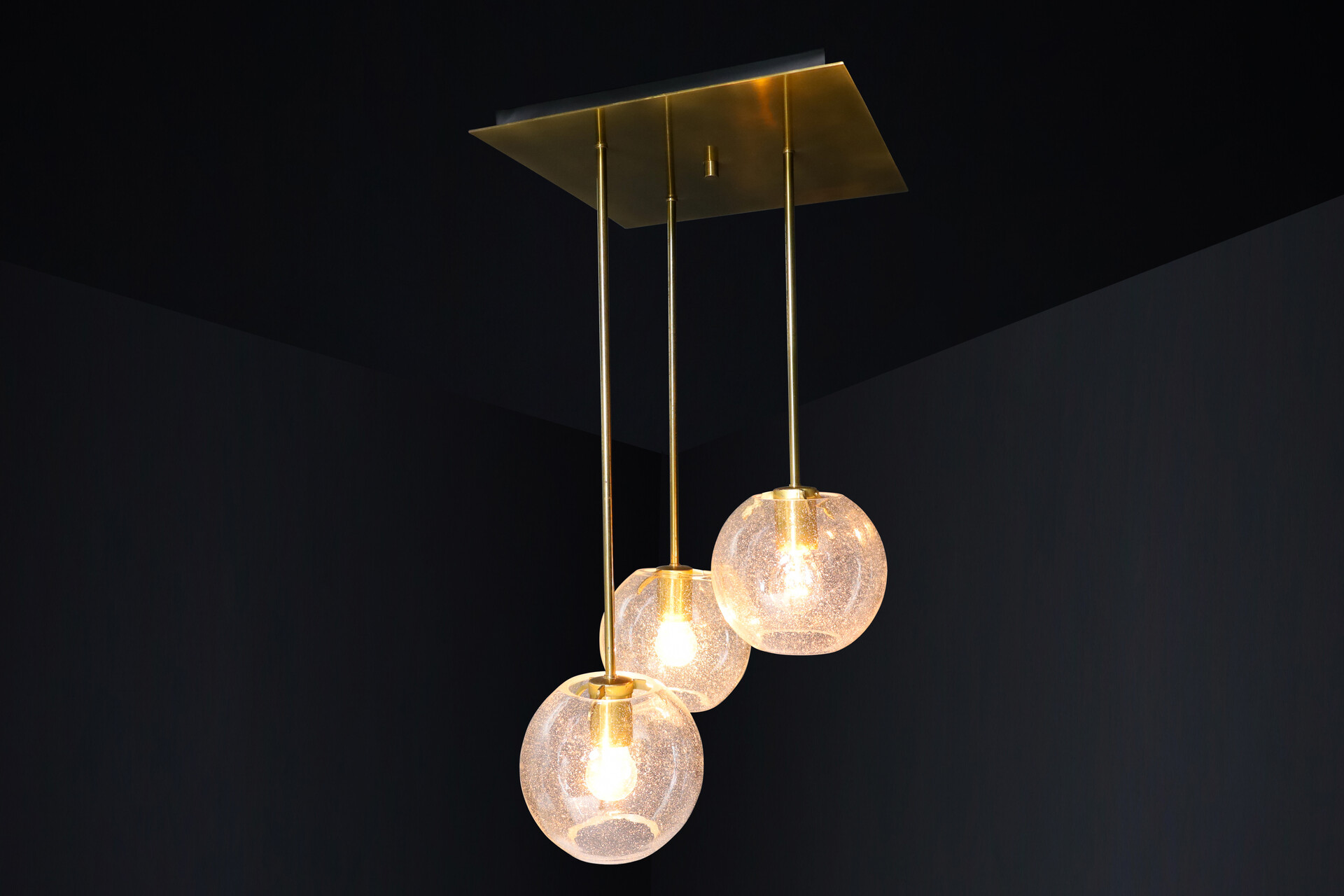 Mid century modern Brass Ceiling lamp with 3 Glass globes pendants , Germany 1970s Mid-20th century