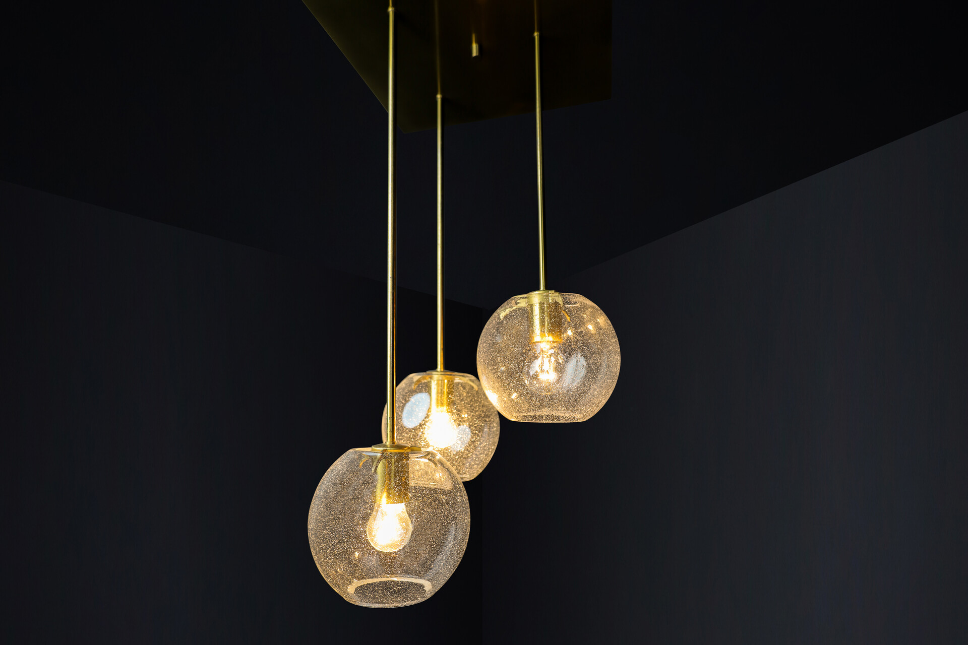 Mid century modern Brass Ceiling lamp with 3 Glass globes pendants , Germany 1970s Mid-20th century
