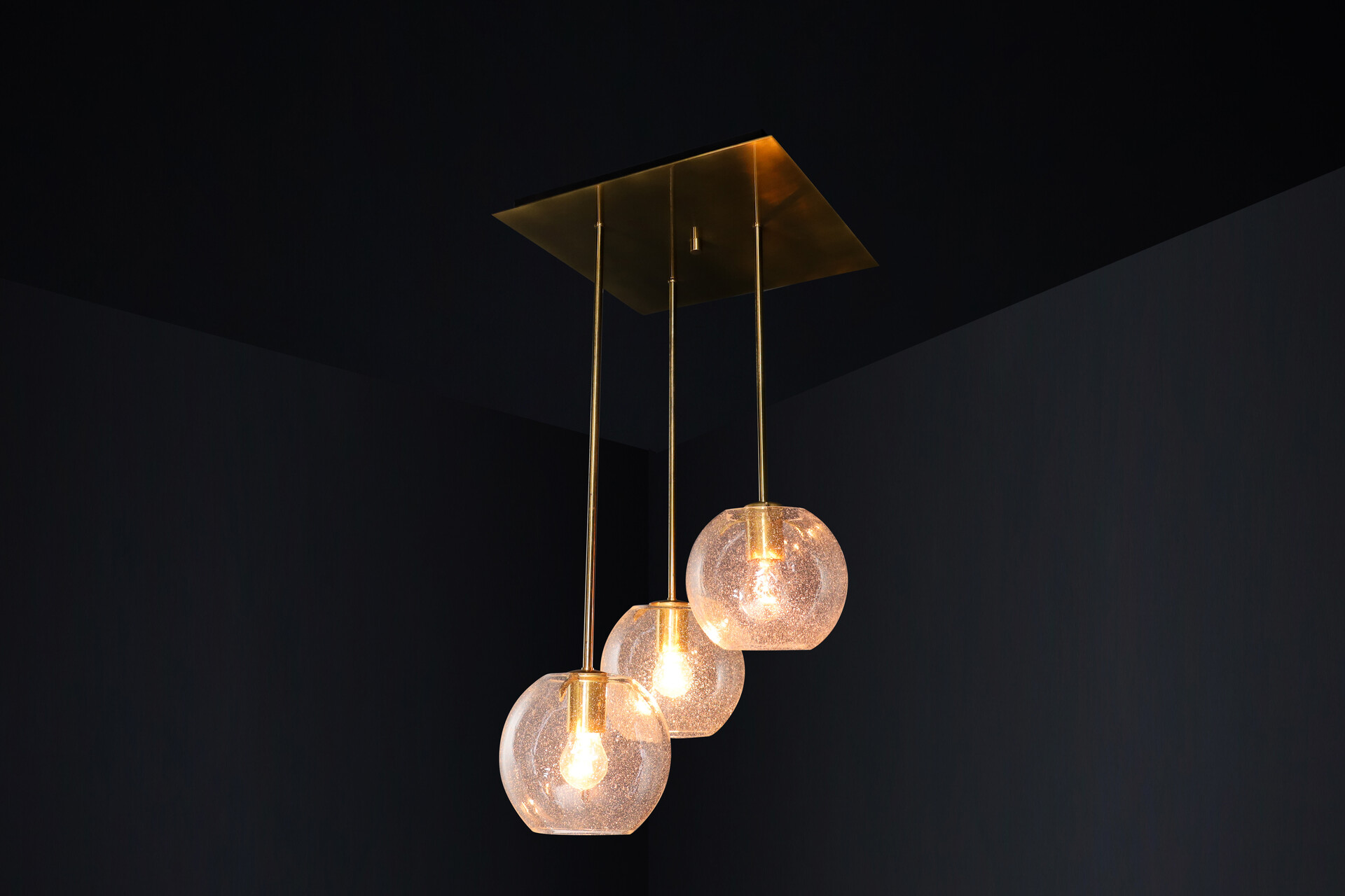 Mid century modern Brass Ceiling lamp with 3 Glass globes pendants , Germany 1970s Mid-20th century
