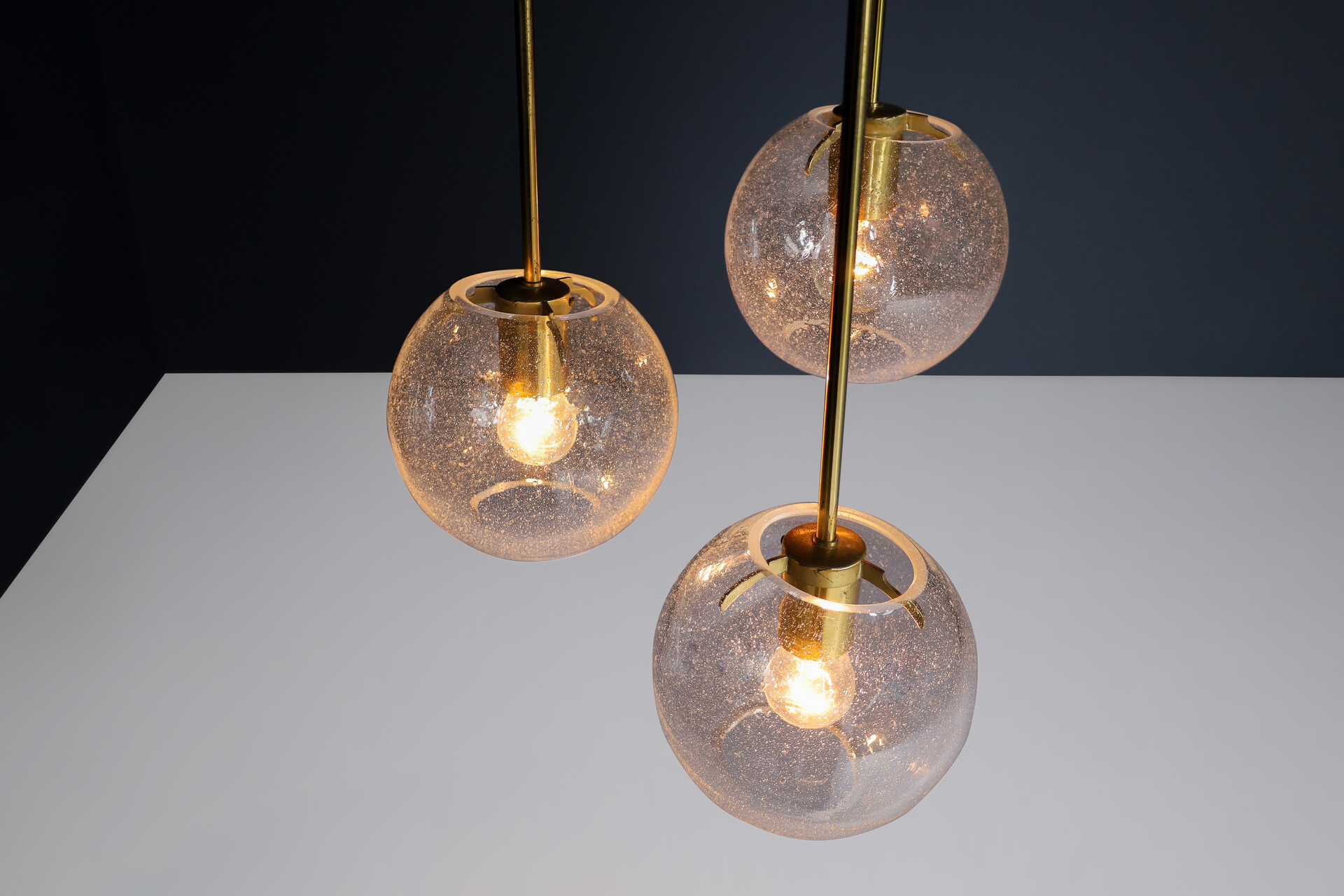 Mid century modern Brass Ceiling lamp with 3 Glass globes pendants , Germany 1970s Mid-20th century