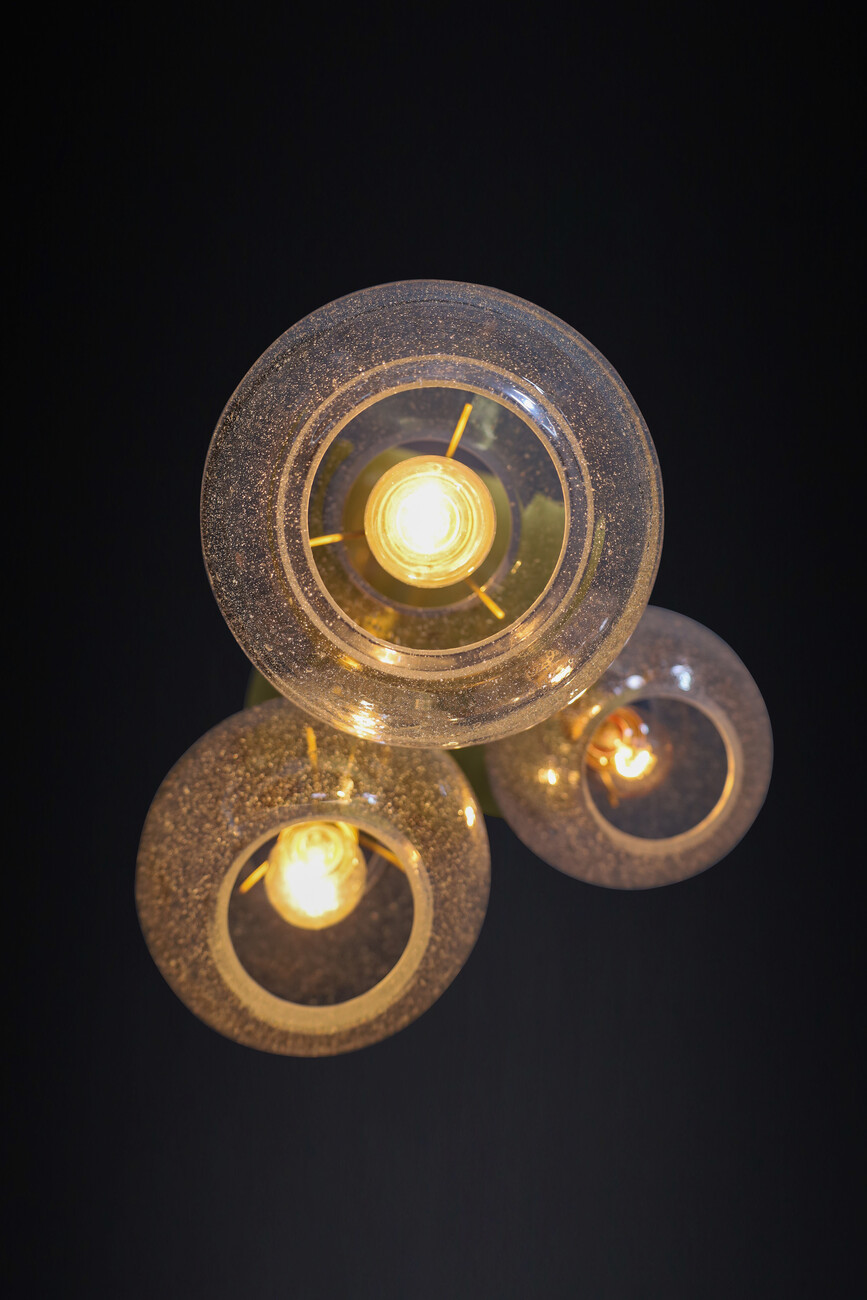 Mid century modern Brass Ceiling lamp with 3 Glass globes pendants , Germany 1970s Mid-20th century