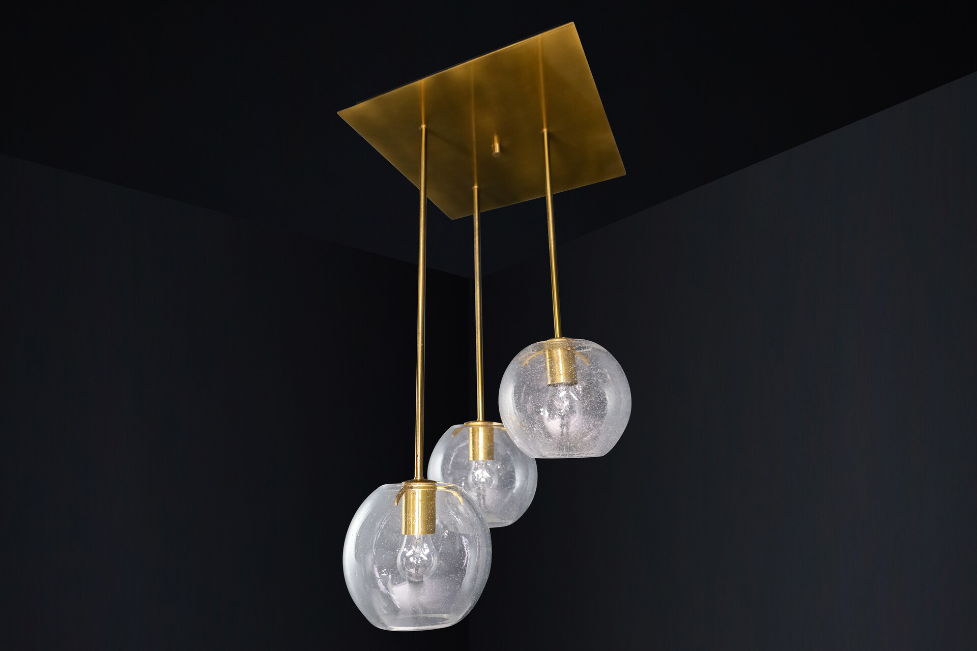 Mid century modern Brass Ceiling lamp with 3 Glass globes pendants , Germany 1970s Mid-20th century