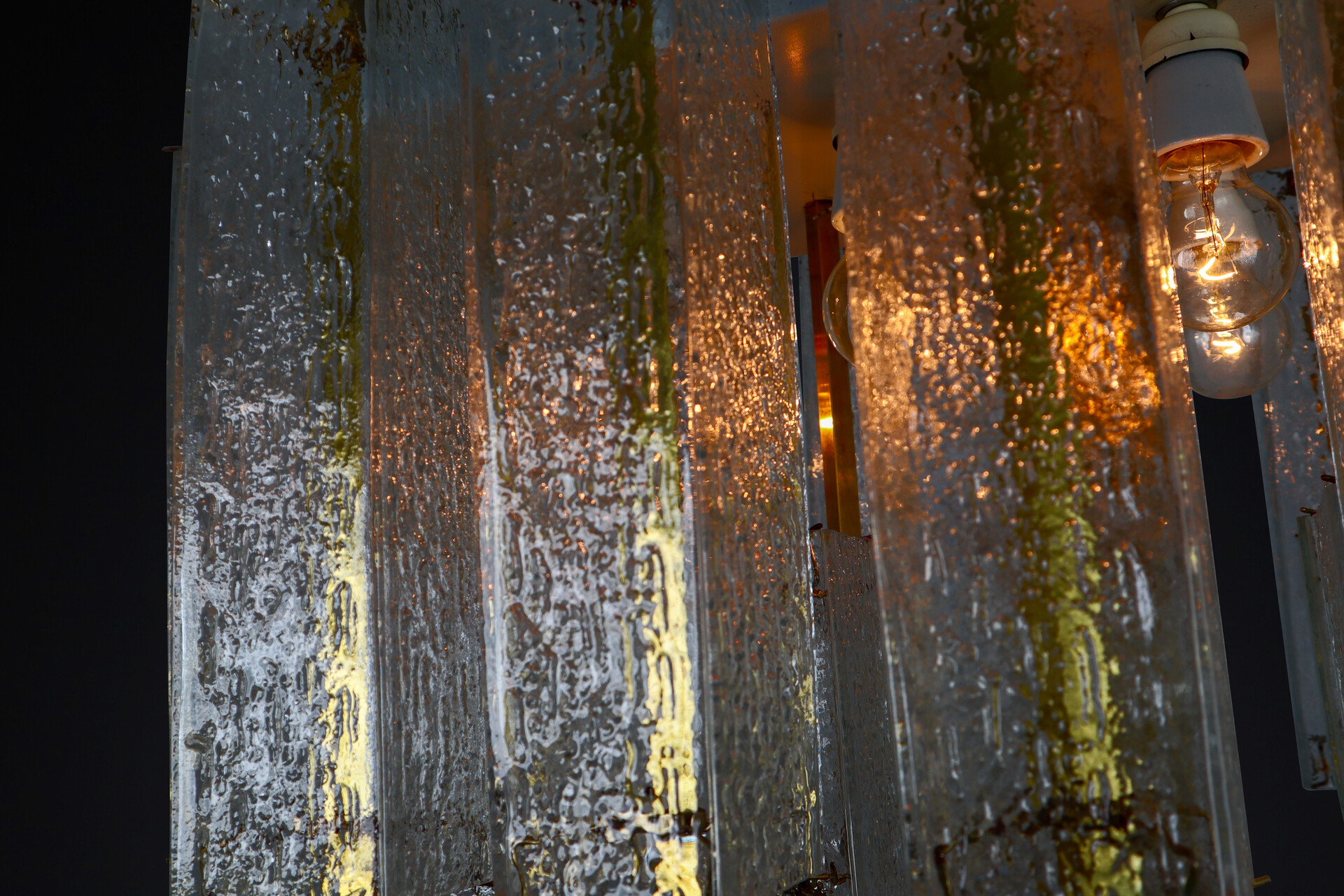 Mid century modern Brass,Murano glass Flush Mount Chandelier with Structured Glass and Brass Frame, 1960s Mid-20th century