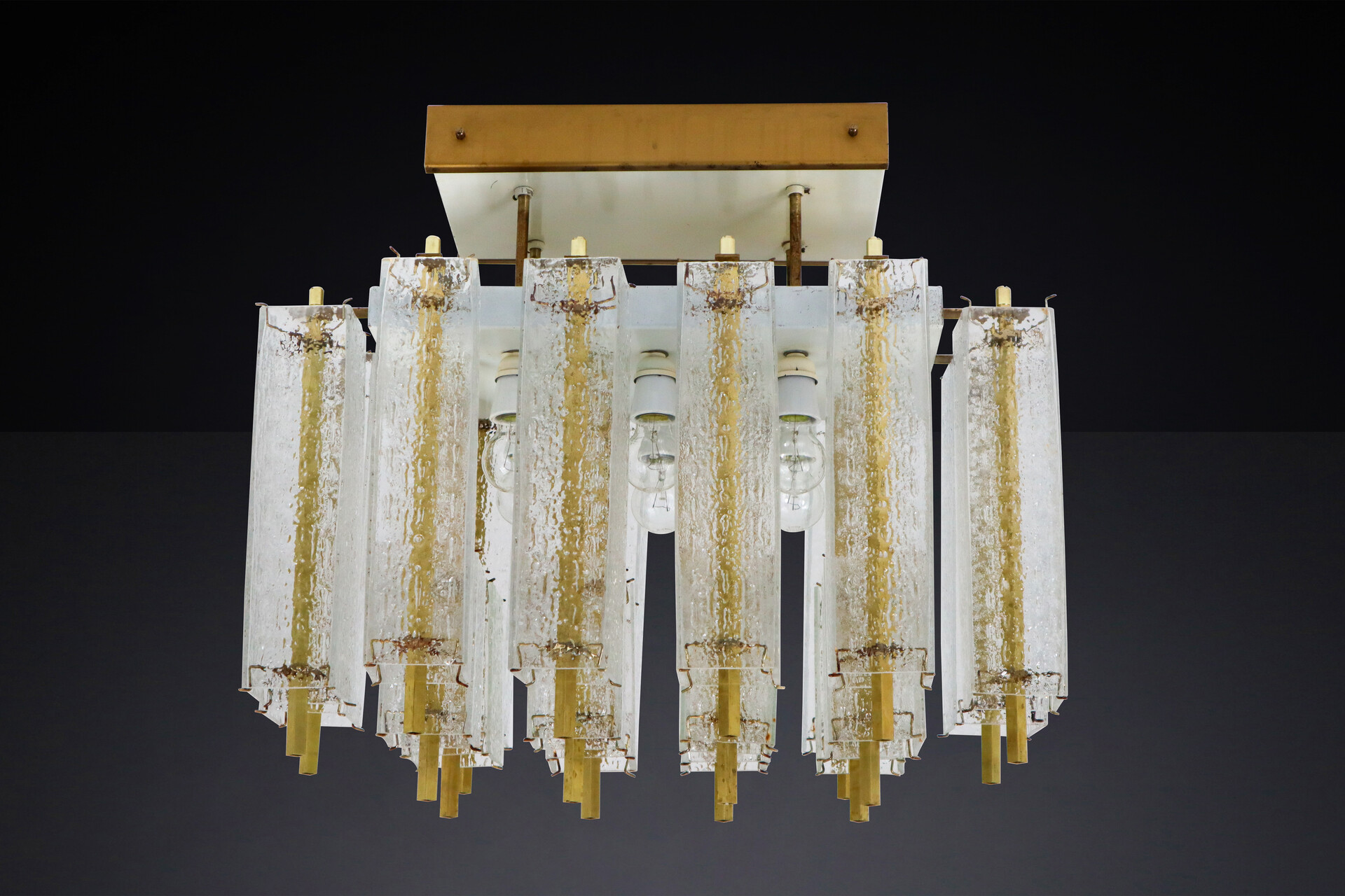 Mid century modern Brass,Murano glass Flush Mount Chandelier with Structured Glass and Brass Frame, 1960s Mid-20th century