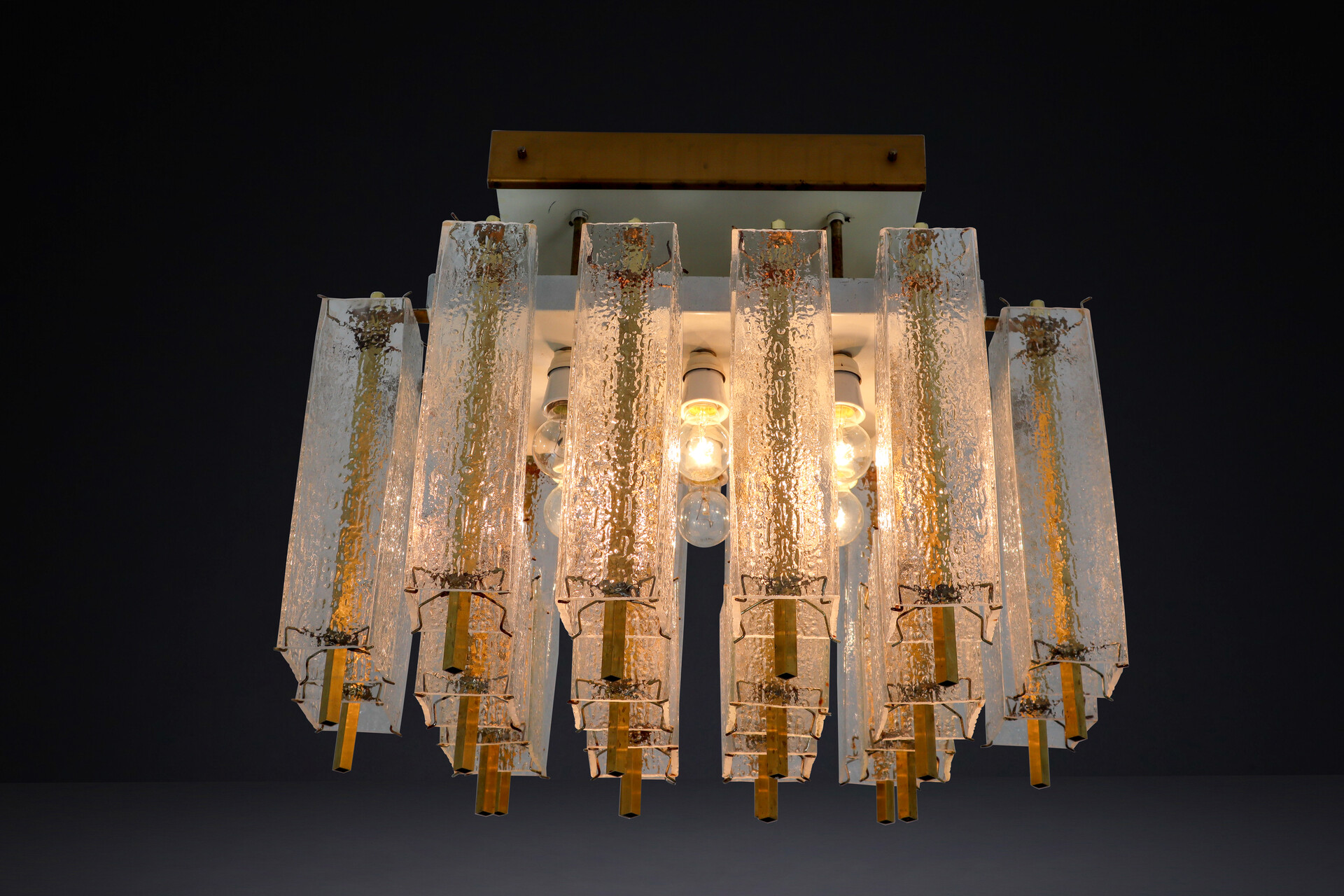 Mid century modern Brass,Murano glass Flush Mount Chandelier with Structured Glass and Brass Frame, 1960s Mid-20th century