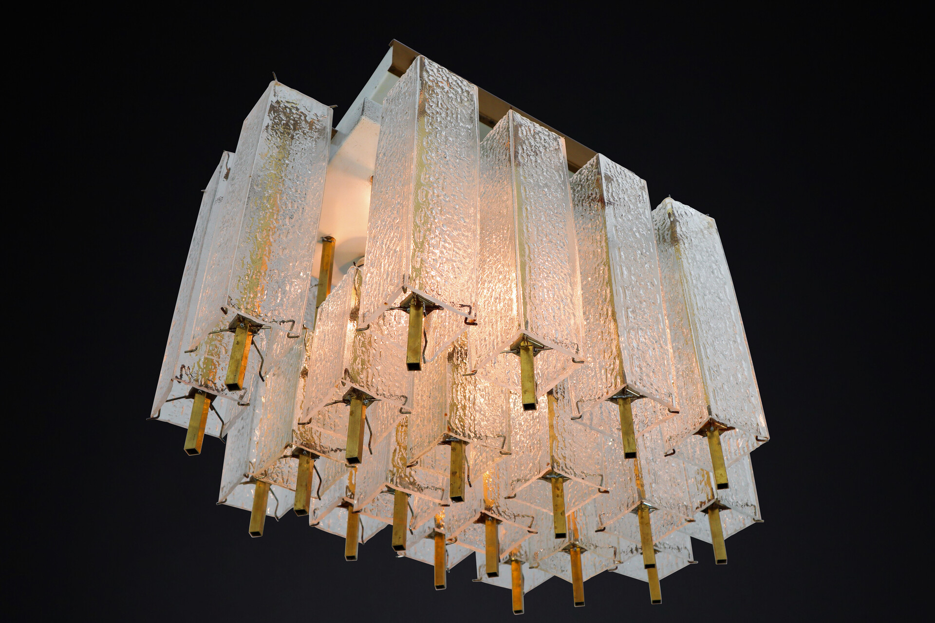 Mid century modern Brass,Murano glass Flush Mount Chandelier with Structured Glass and Brass Frame, 1960s Mid-20th century