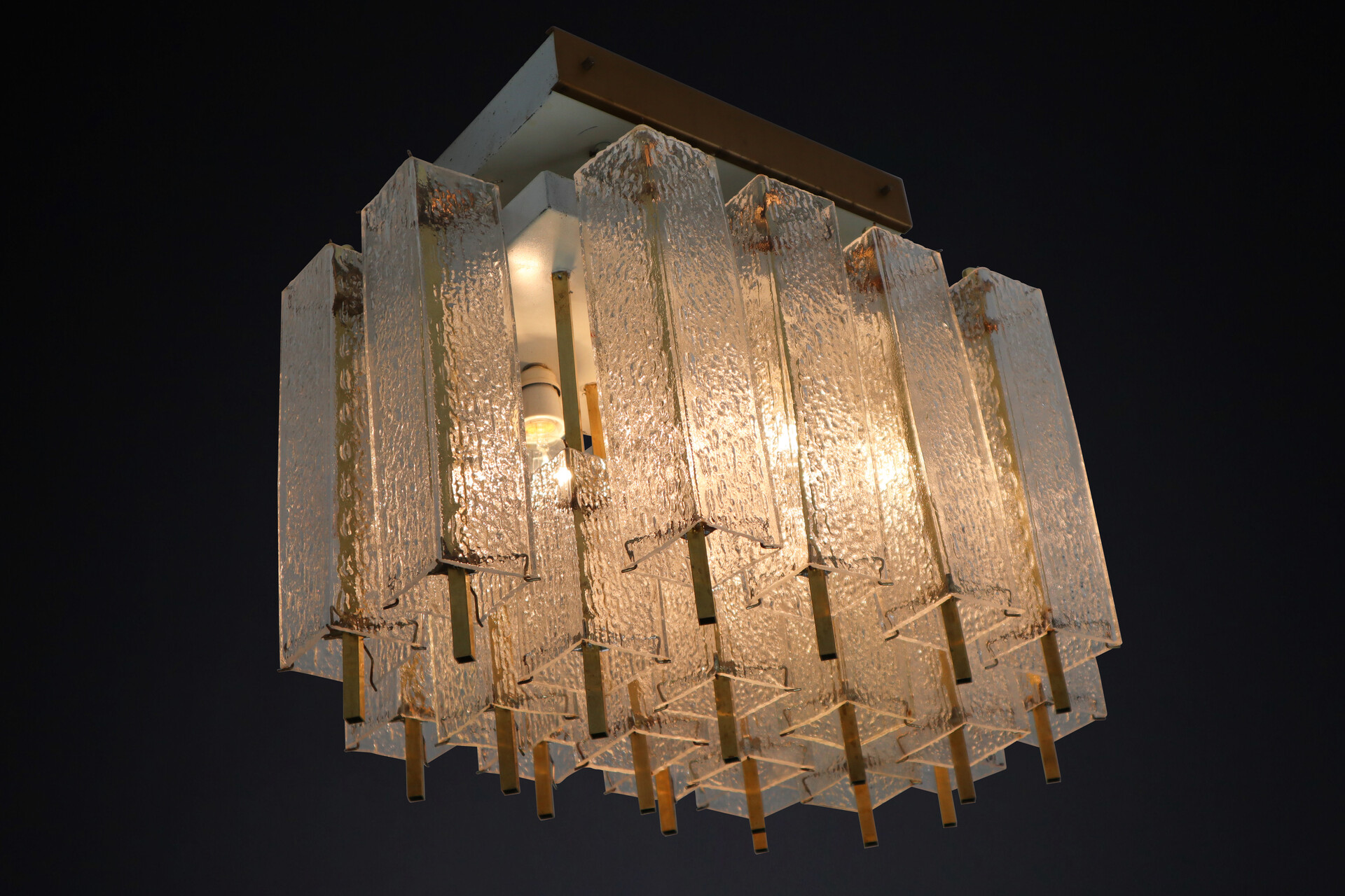 Mid century modern Brass,Murano glass Flush Mount Chandelier with Structured Glass and Brass Frame, 1960s Mid-20th century
