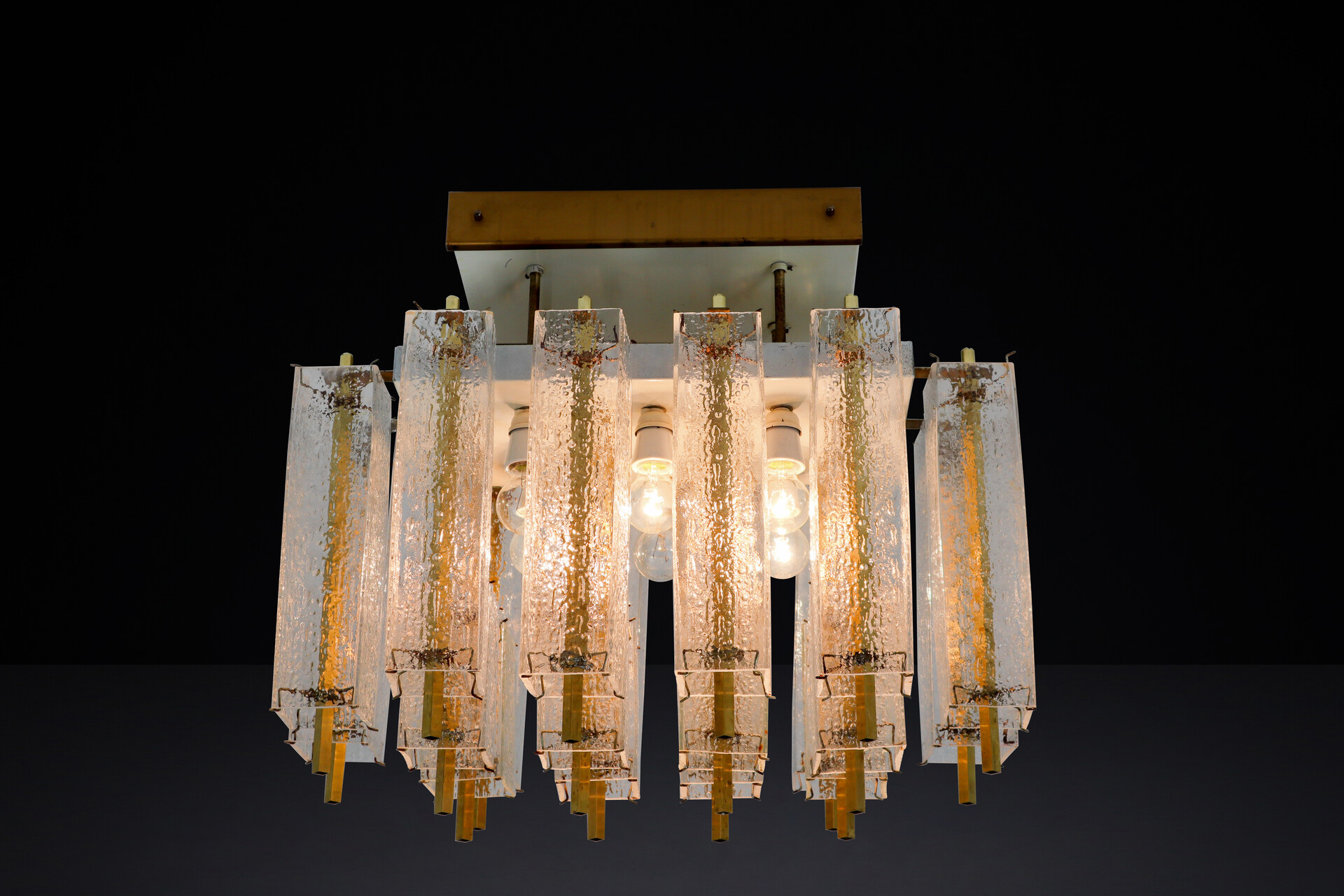 Mid century modern Brass,Murano glass Flush Mount Chandelier with Structured Glass and Brass Frame, 1960s Mid-20th century