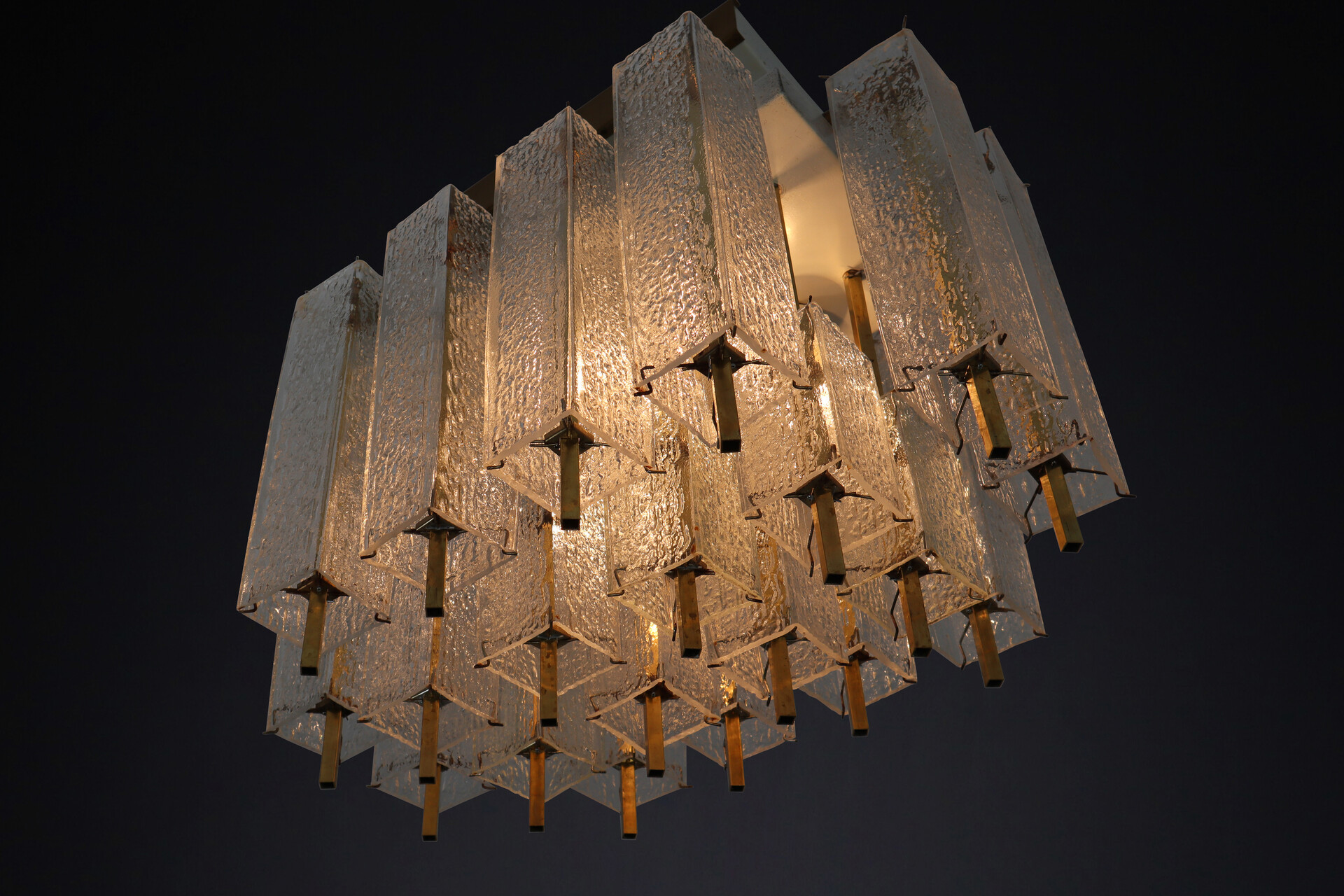 Mid century modern Brass,Murano glass Flush Mount Chandelier with Structured Glass and Brass Frame, 1960s Mid-20th century