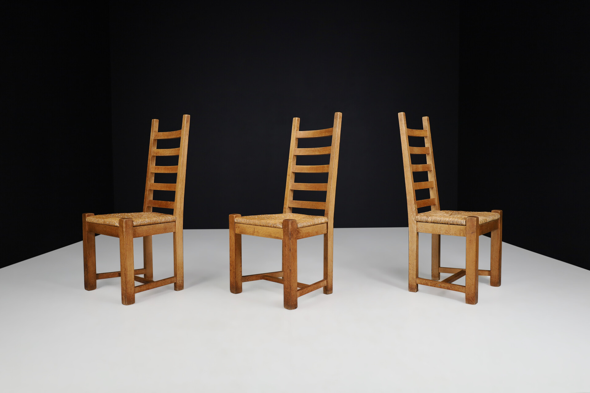Mid century modern / brutalist Blond Oak dining / side chairs France 1950s Mid-20th century