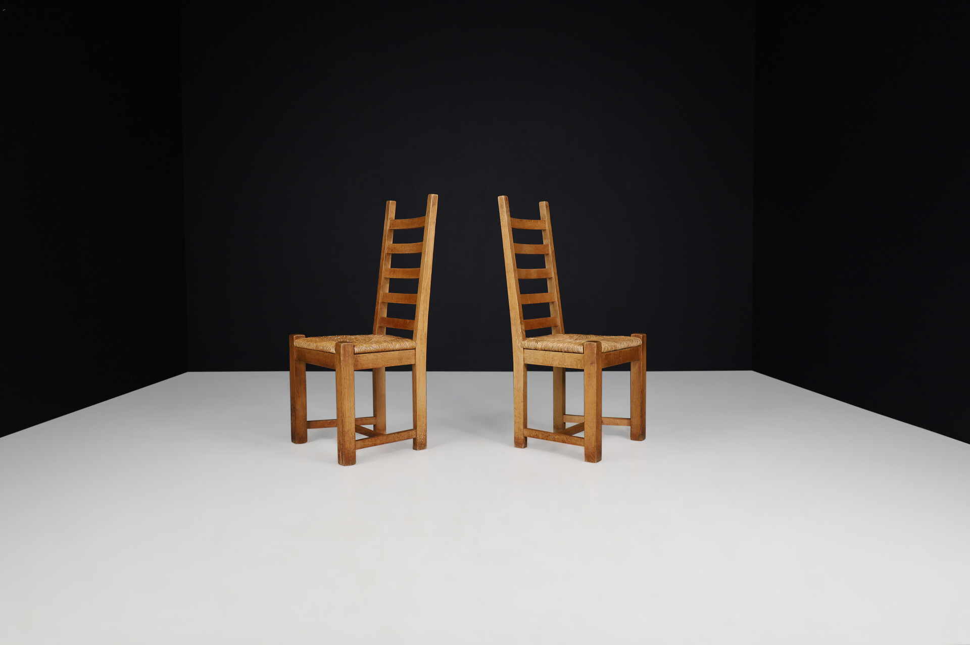 Mid century modern / brutalist Blond Oak dining / side chairs France 1950s Mid-20th century