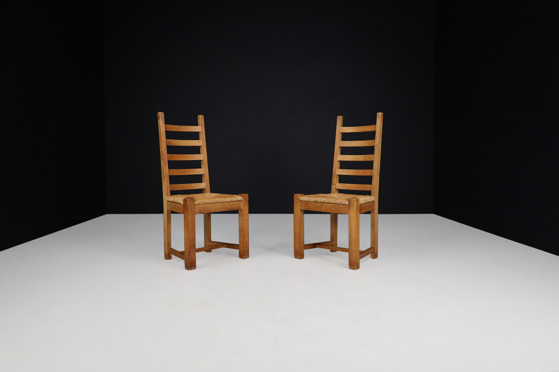 Mid century modern / brutalist Blond Oak dining / side chairs France 1950s Mid-20th century