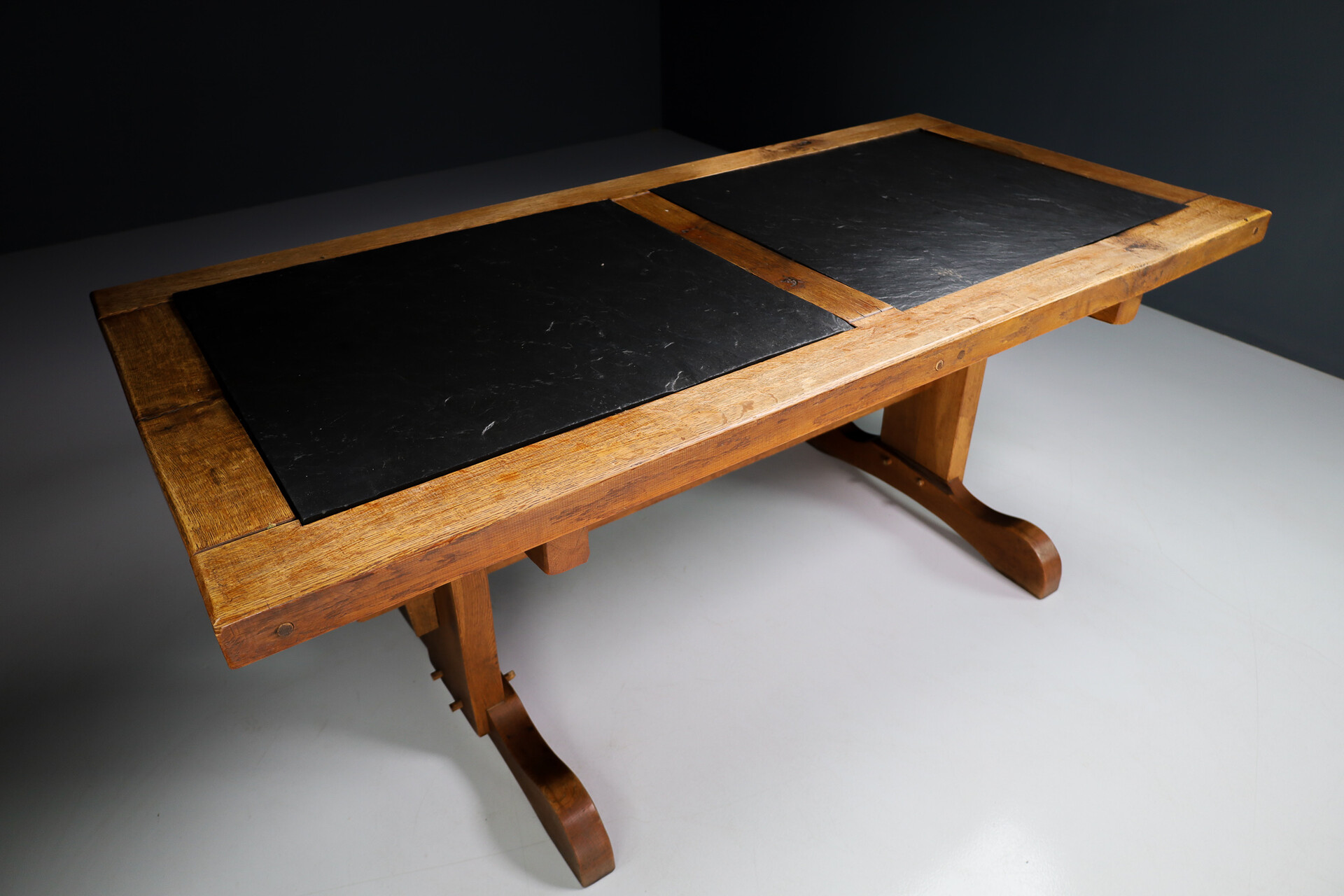Mid century modern Brutalist oak and slate stone dinning table , France 1960s Mid-20th century
