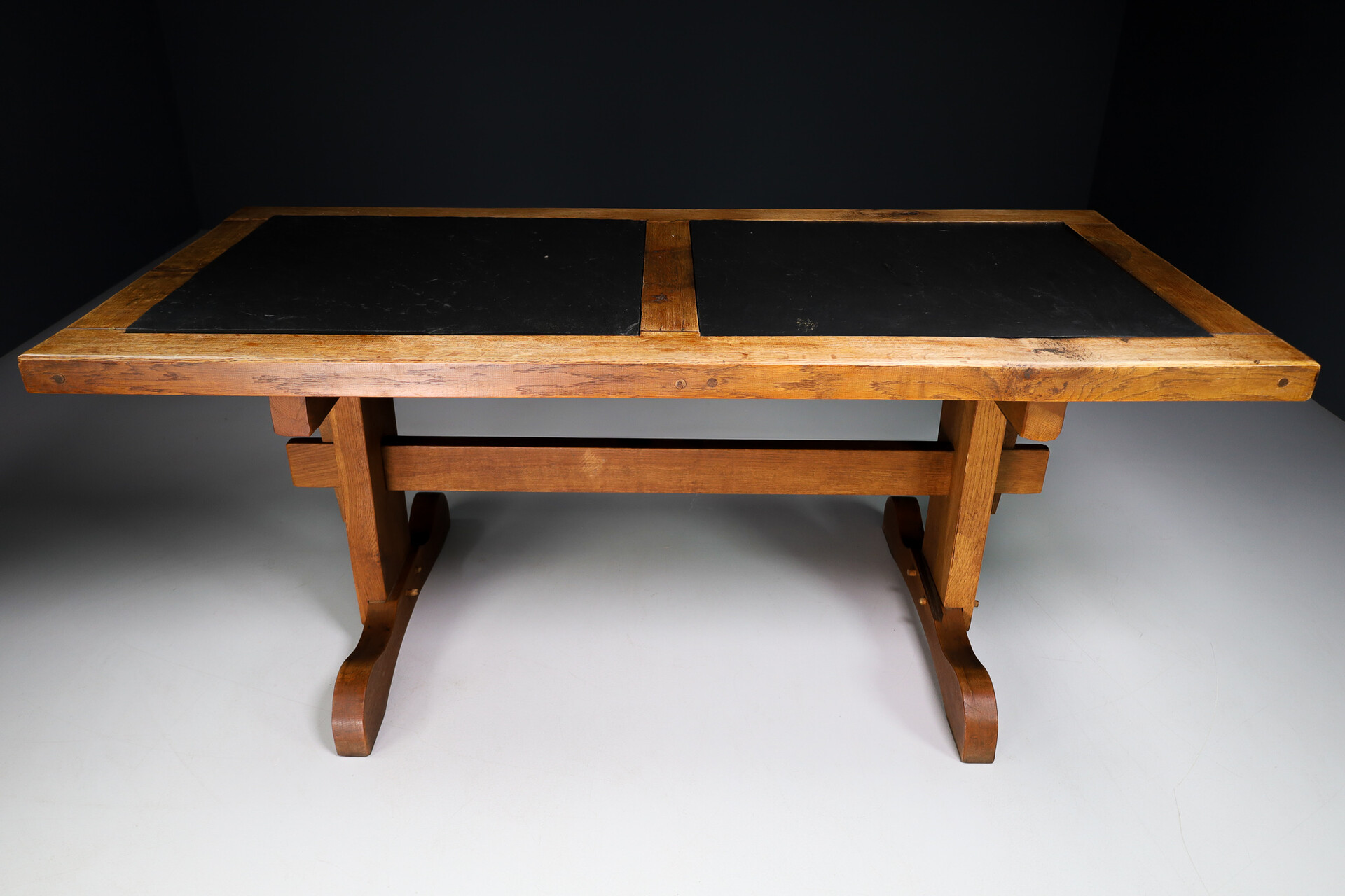 Mid century modern Brutalist oak and slate stone dinning table , France 1960s Mid-20th century