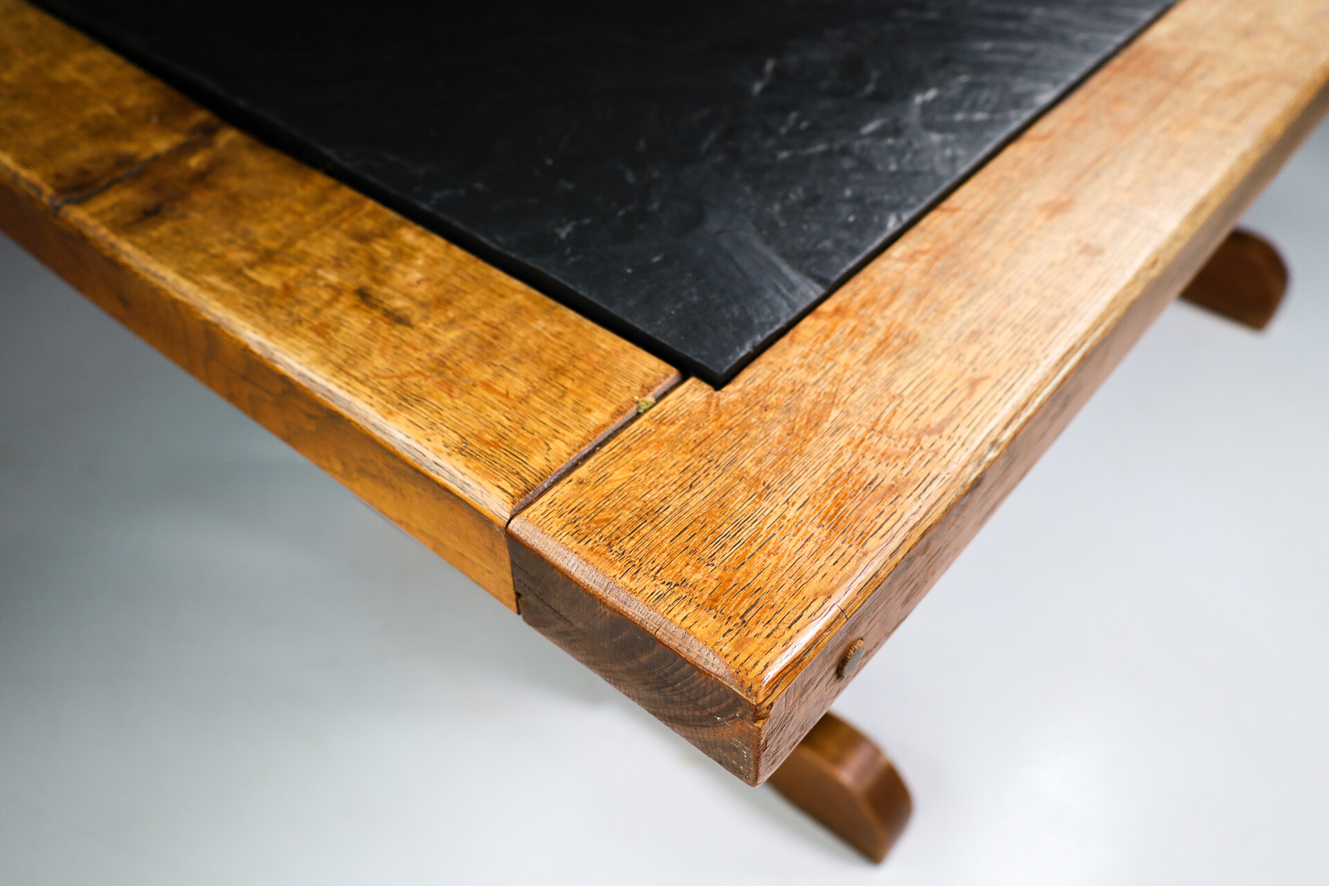 Mid century modern Brutalist oak and slate stone dinning table , France 1960s Mid-20th century