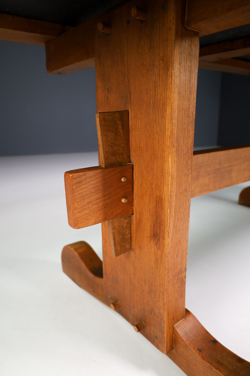 Mid century modern Brutalist oak and slate stone dinning table , France 1960s Mid-20th century