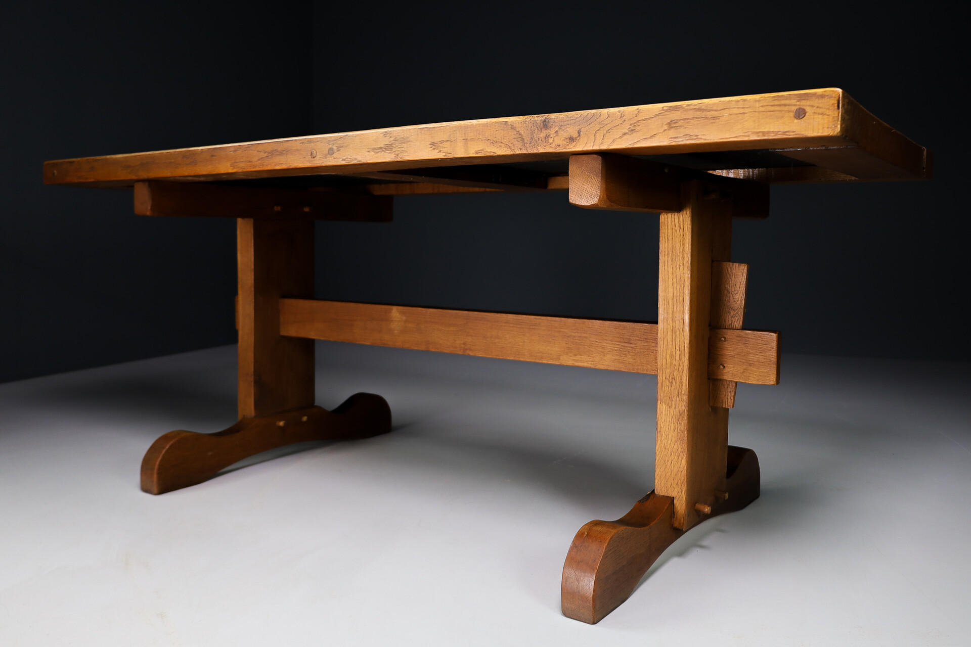 Mid century modern Brutalist oak and slate stone dinning table , France 1960s Mid-20th century