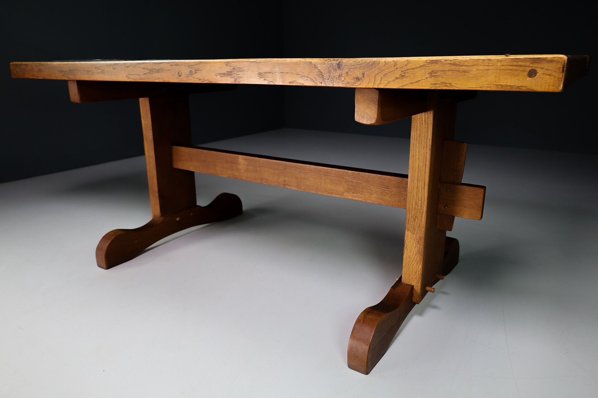 Mid century modern Brutalist oak and slate stone dinning table , France 1960s Mid-20th century