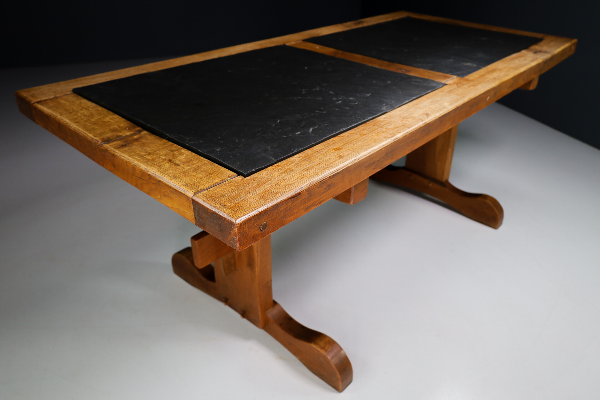Mid century modern Brutalist oak and slate stone dinning table , France 1960s Mid-20th century