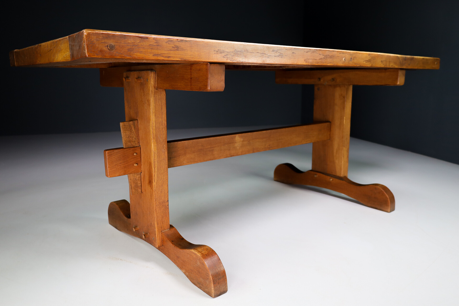 Mid century modern Brutalist oak and slate stone dinning table , France 1960s Mid-20th century