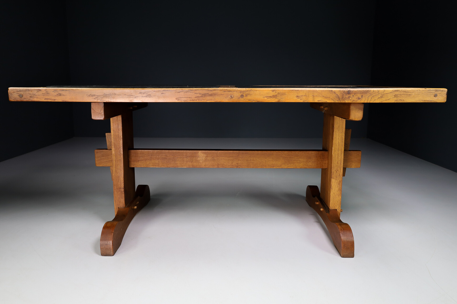 Mid century modern Brutalist oak and slate stone dinning table , France 1960s Mid-20th century