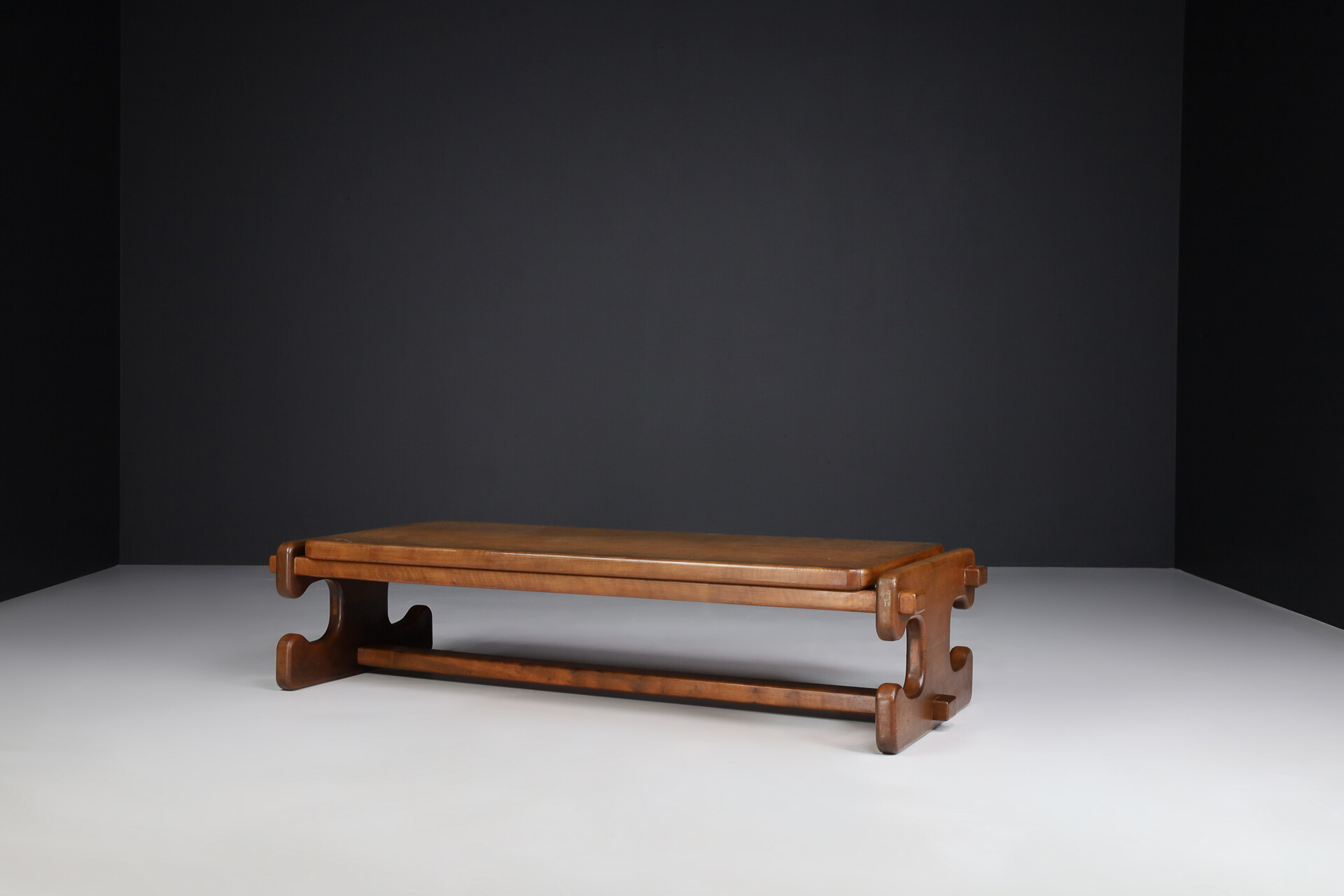 Mid century modern Brutalist Walnut coffee Table France 1970s Mid-20th century