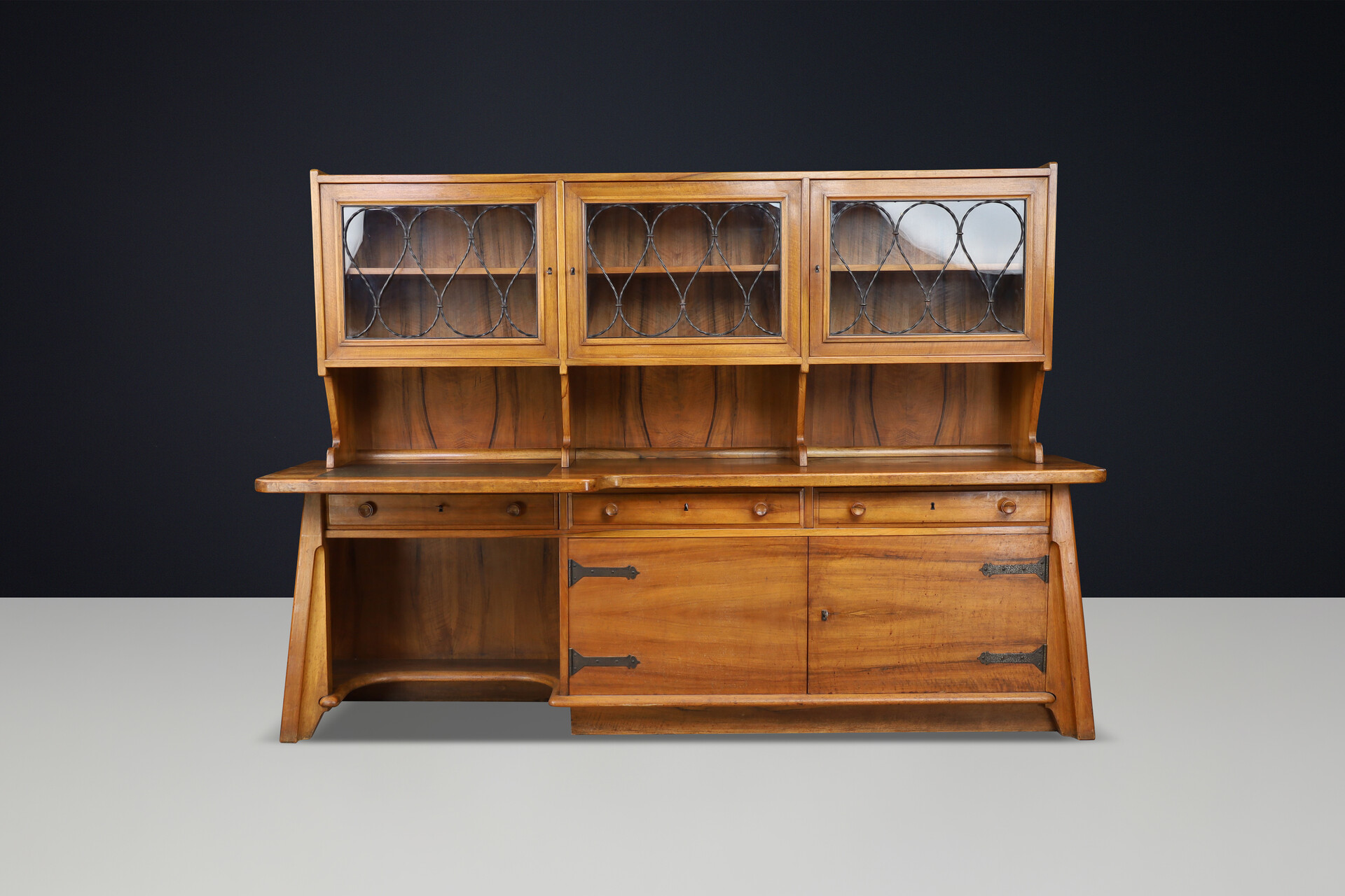 Mid century modern Brutalist Walnut Large cabinet / desk , France 1950s Mid-20th century