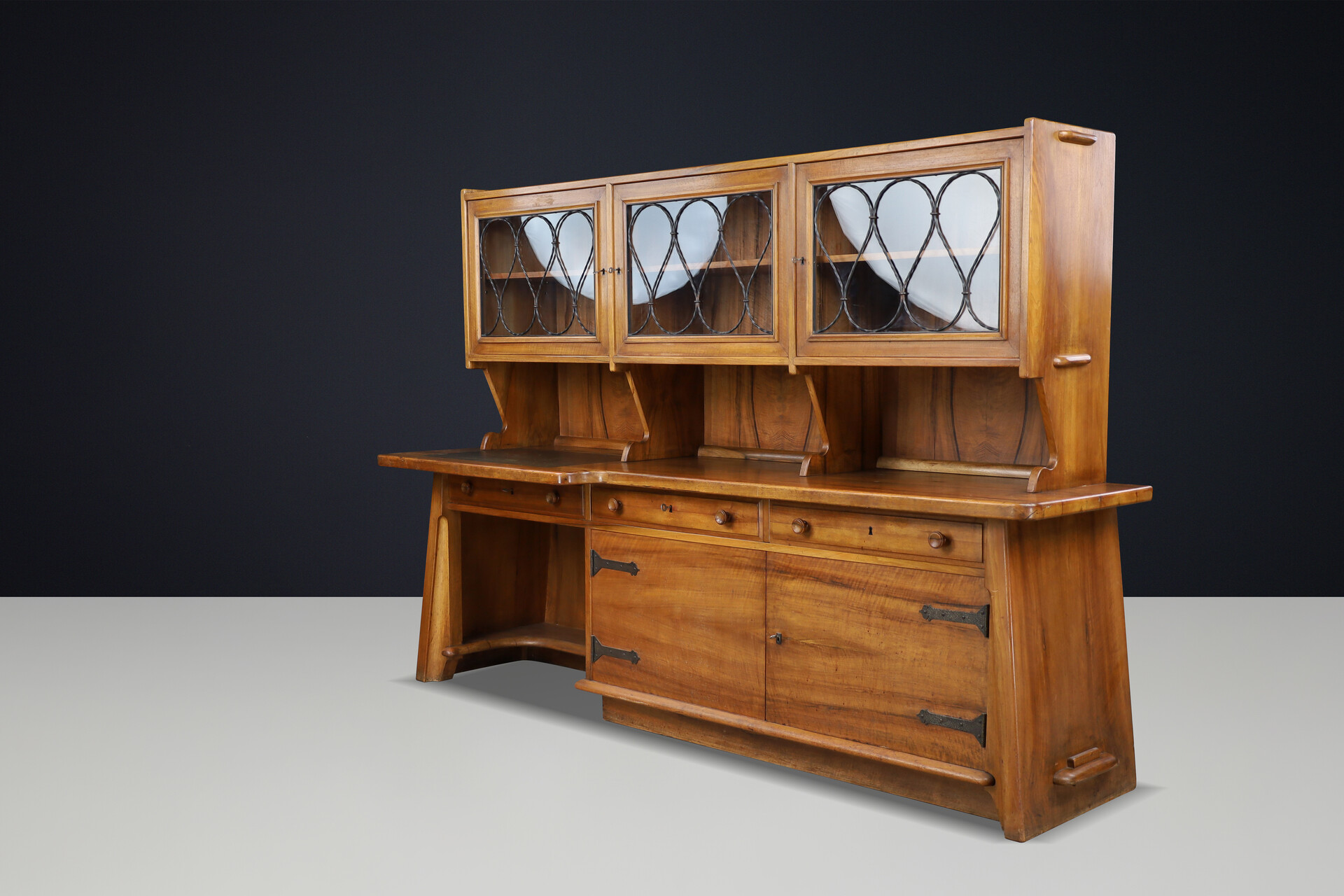 Mid century modern Brutalist Walnut Large cabinet / desk , France 1950s Mid-20th century