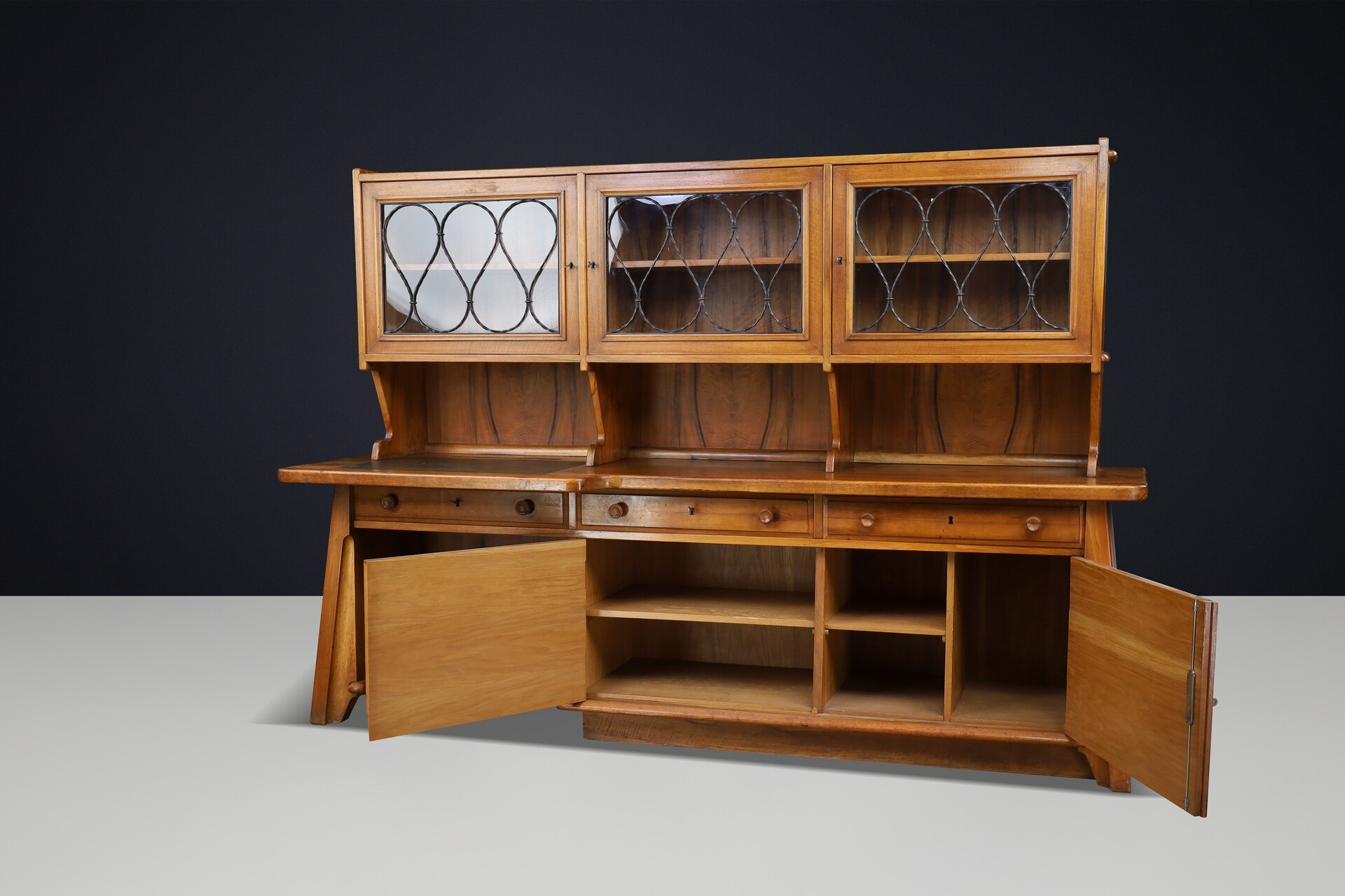 Mid century modern Brutalist Walnut Large cabinet / desk , France 1950s Mid-20th century