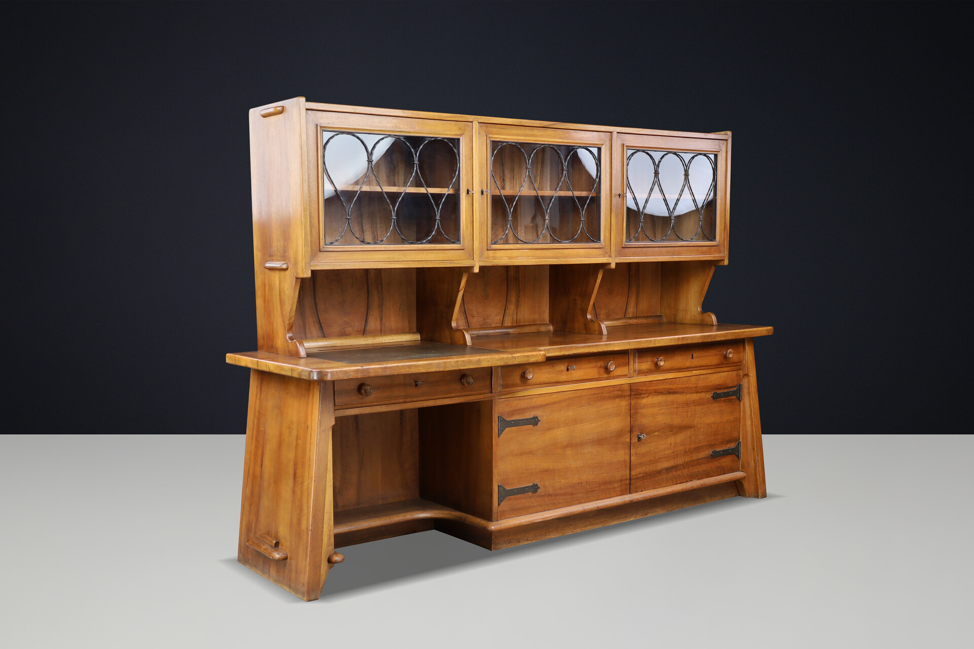 Mid century modern Brutalist Walnut Large cabinet / desk , France 1950s Mid-20th century