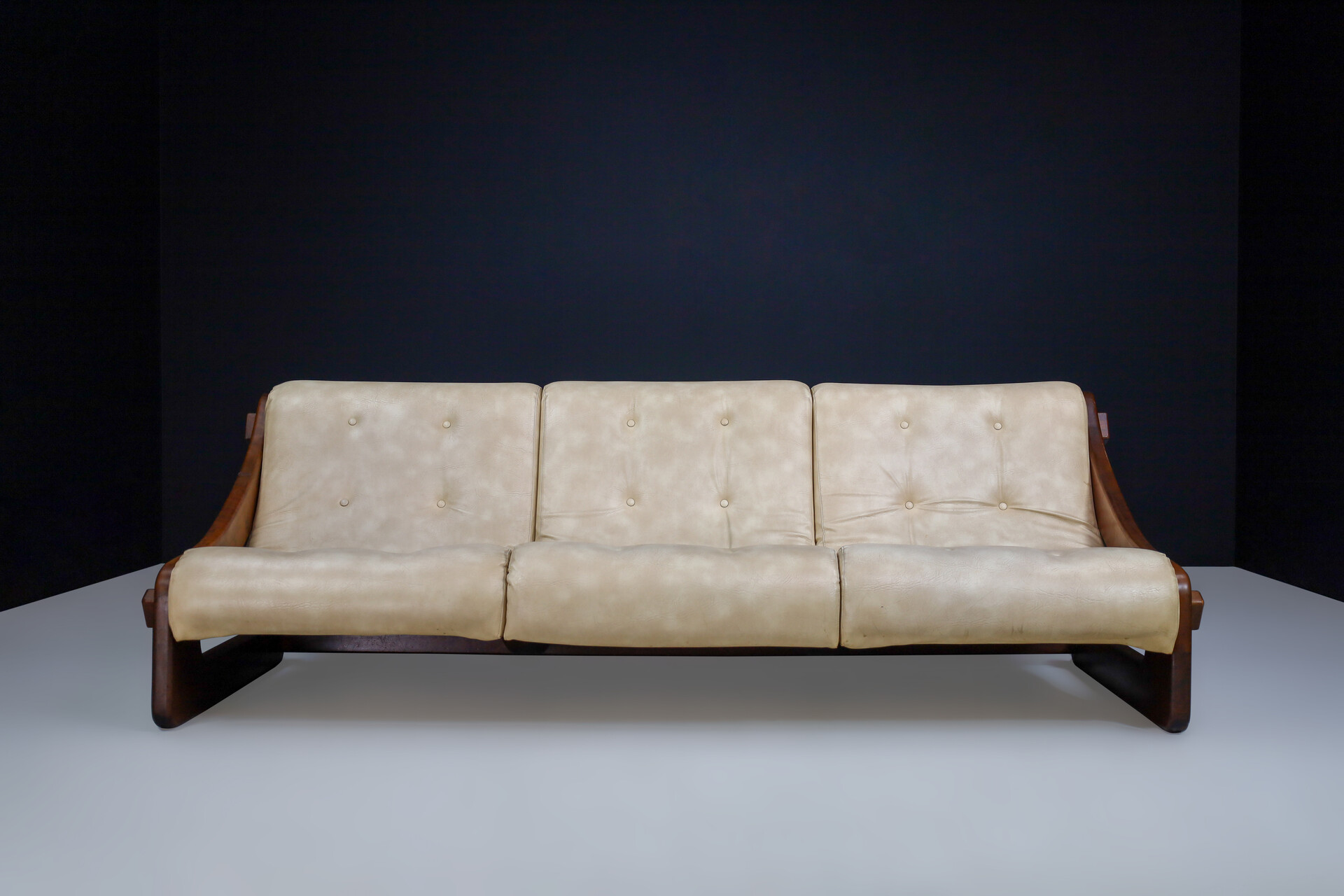 Mid century modern Brutalist Walnut lounge sofa In Creme Faux Leather / Fabric France 1970s Late-20th century