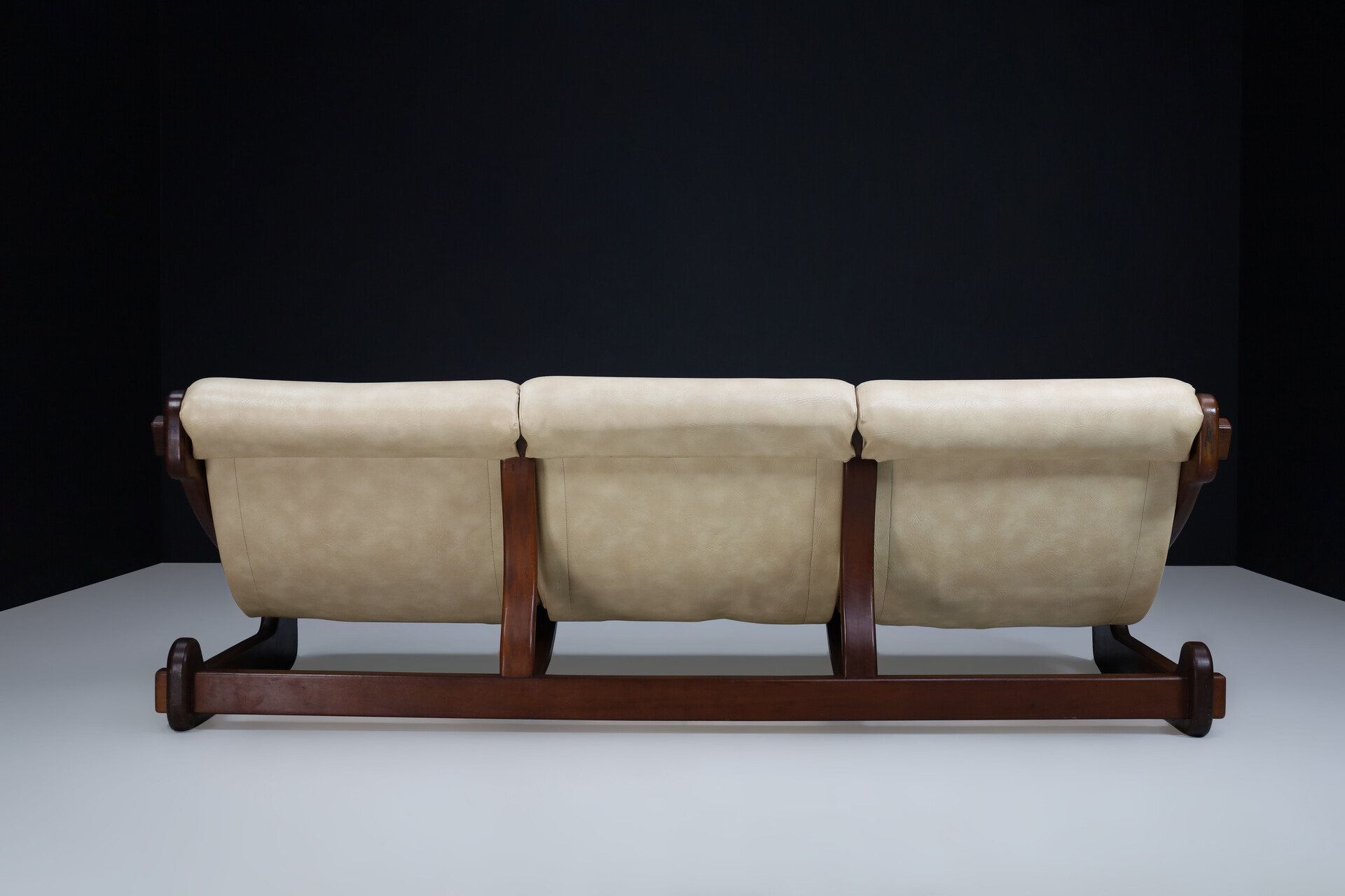 Mid century modern Brutalist Walnut lounge sofa In Creme Faux Leather / Fabric France 1970s Late-20th century
