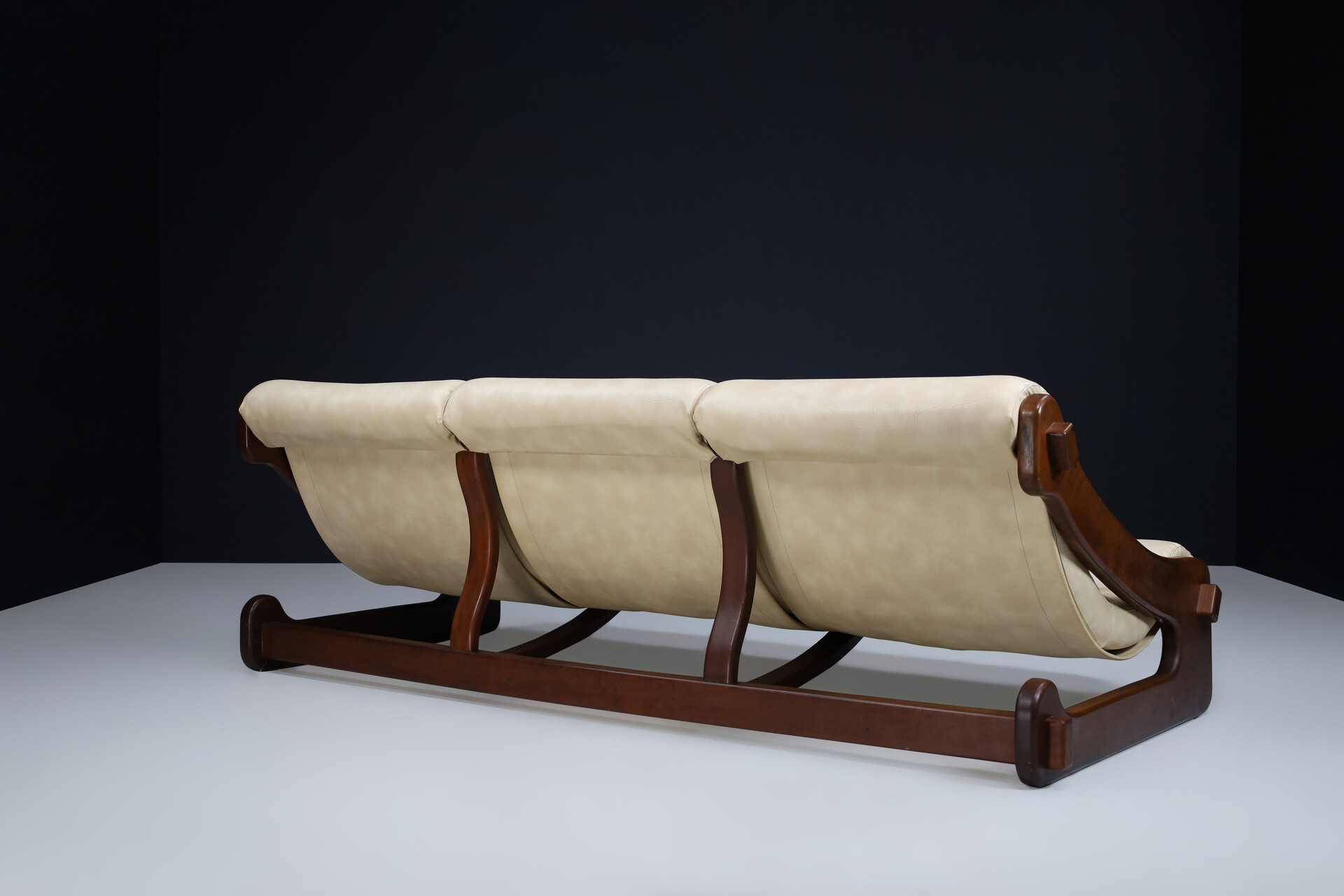 Mid century modern Brutalist Walnut lounge sofa In Creme Faux Leather / Fabric France 1970s Late-20th century