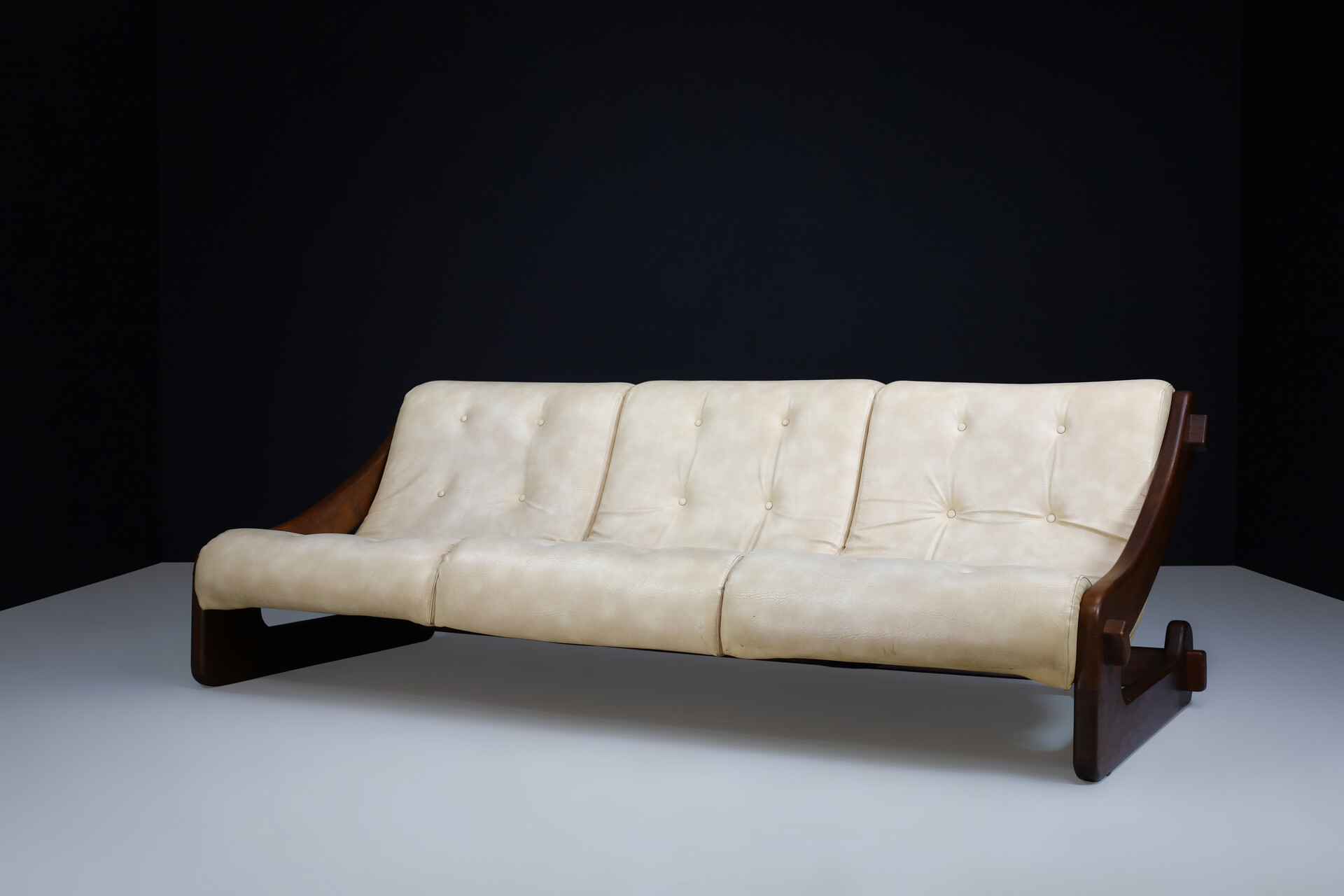 Mid century modern Brutalist Walnut lounge sofa In Creme Faux Leather / Fabric France 1970s Late-20th century